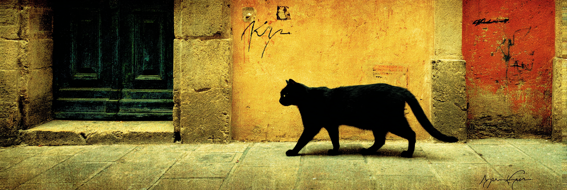 Schwarze Katze Auf Kopfsteinpflaster Vor Alter Tür | Staedtekunst | Laender und Reisen