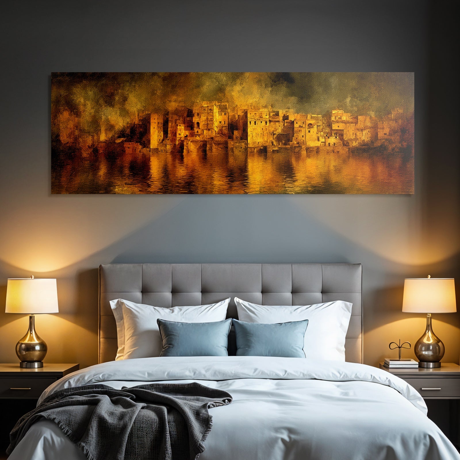 Cityscape in warm orange and yellow tones by the water