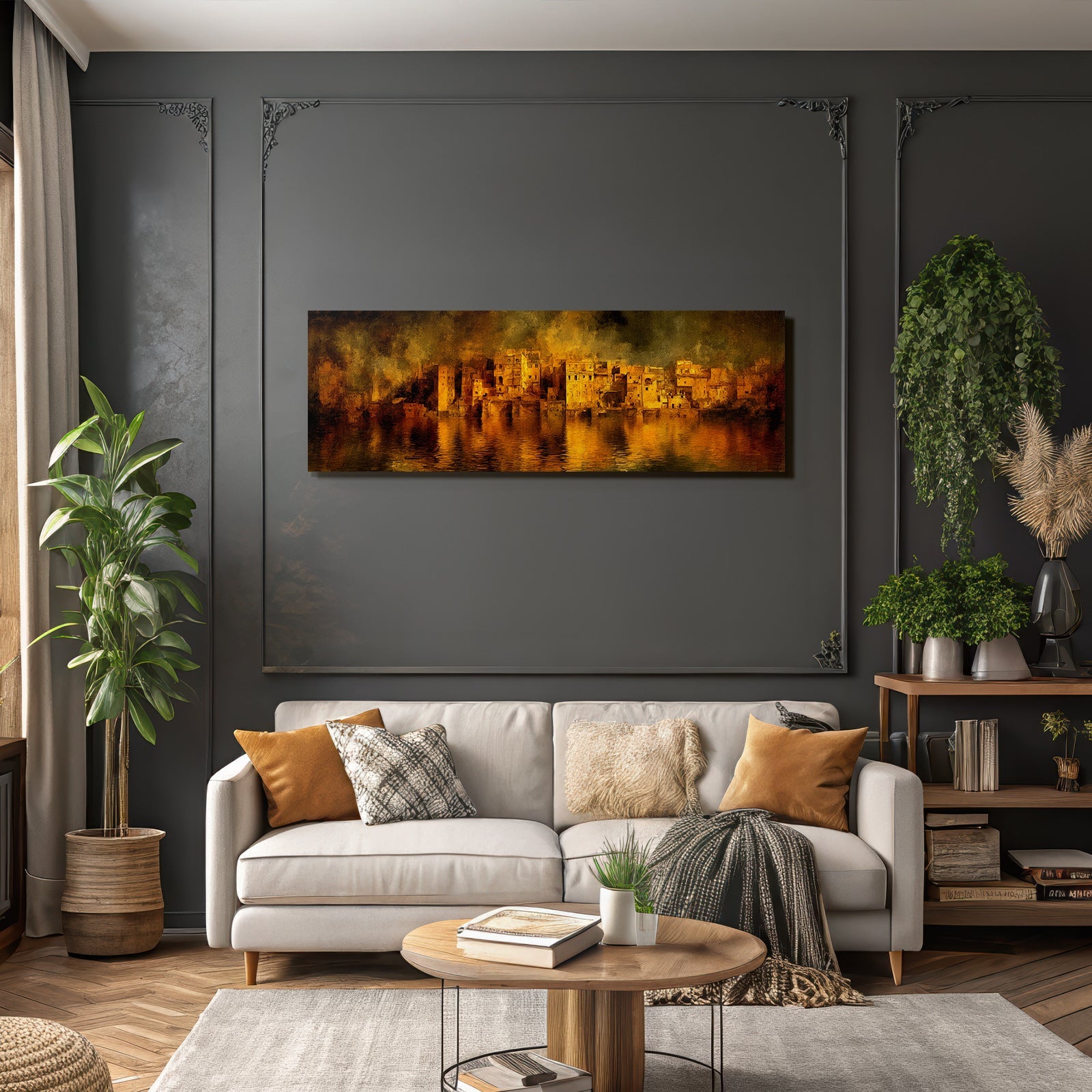 Cityscape in warm orange and yellow tones by the water