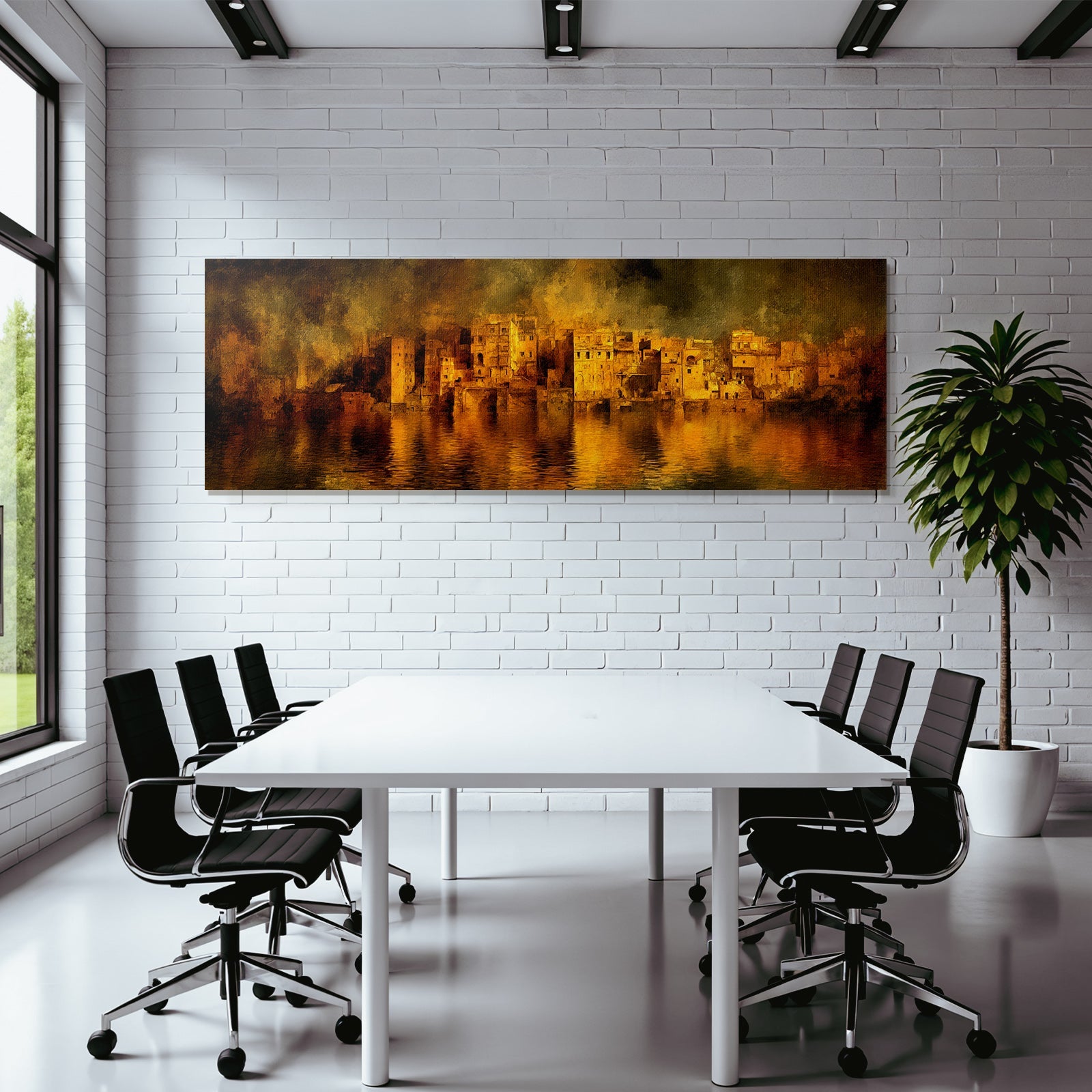 Cityscape in warm orange and yellow tones by the water