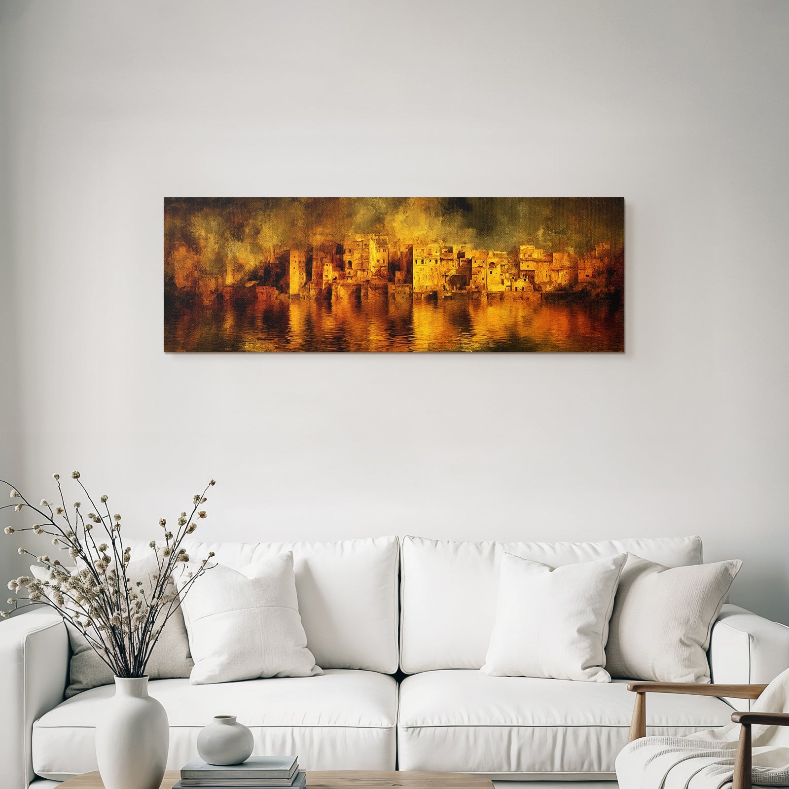 Cityscape in warm orange and yellow tones by the water