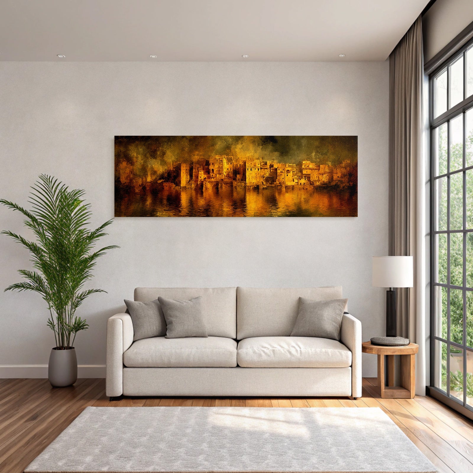 Cityscape in warm orange and yellow tones by the water