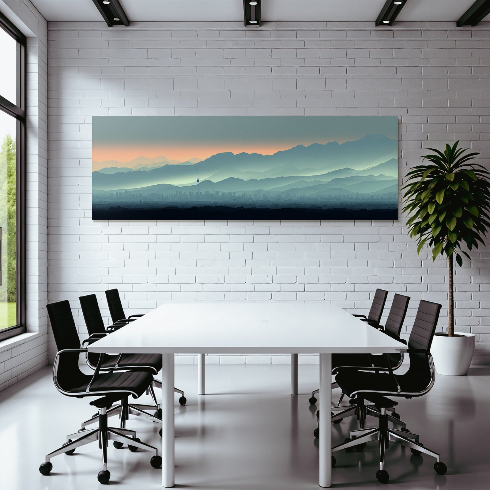 Cityscape with tower and mountain backdrop at sunrise