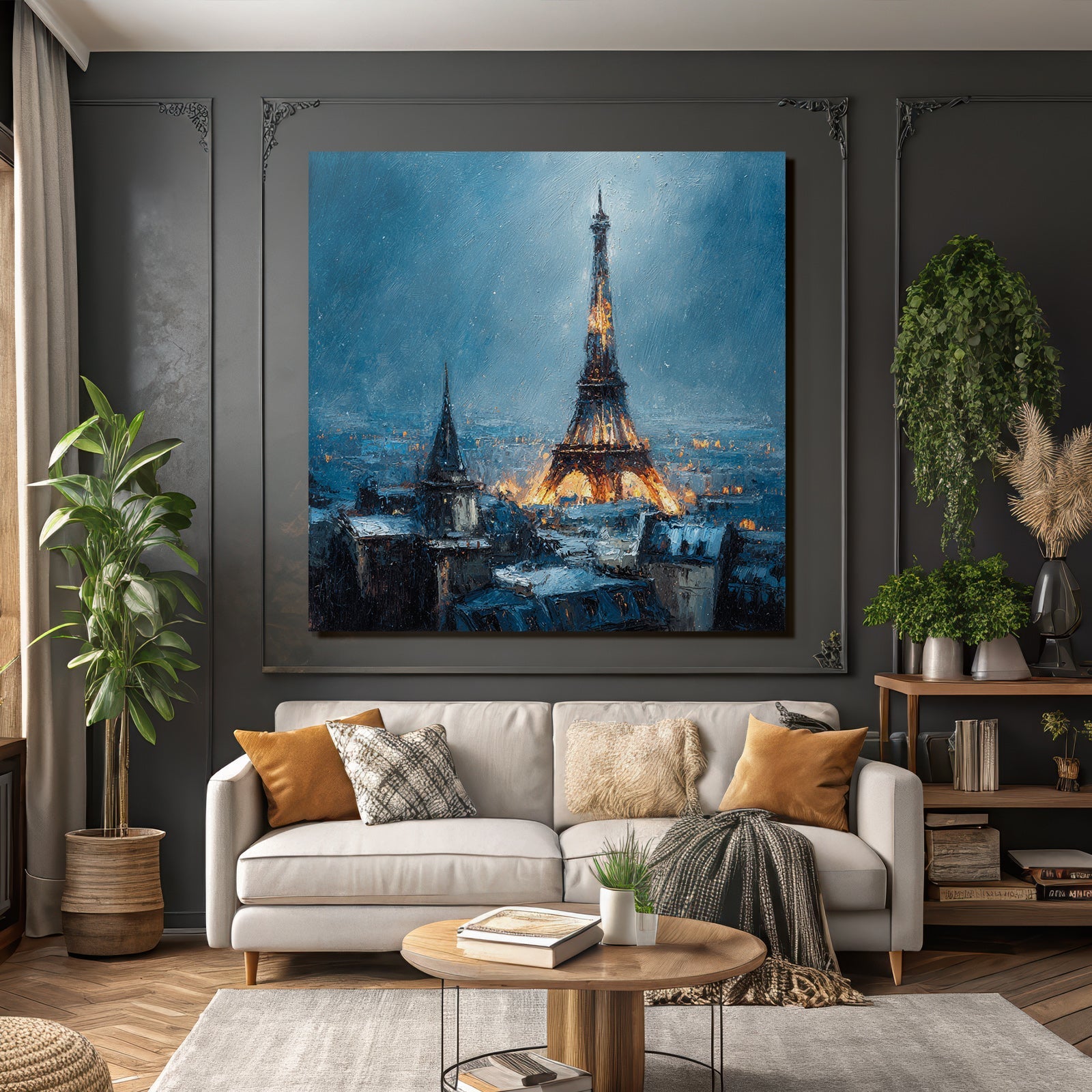 Night view of the Eiffel Tower in the blue sky