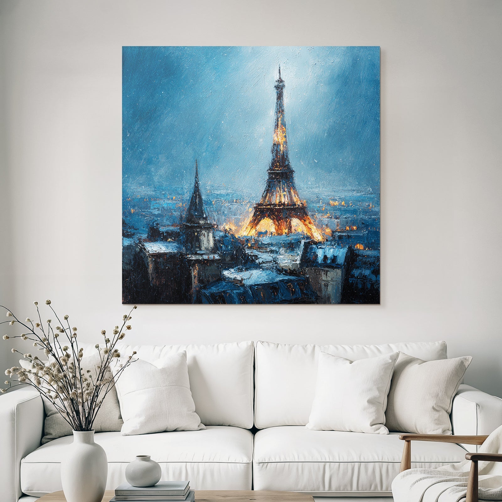 Night view of the Eiffel Tower in the blue sky