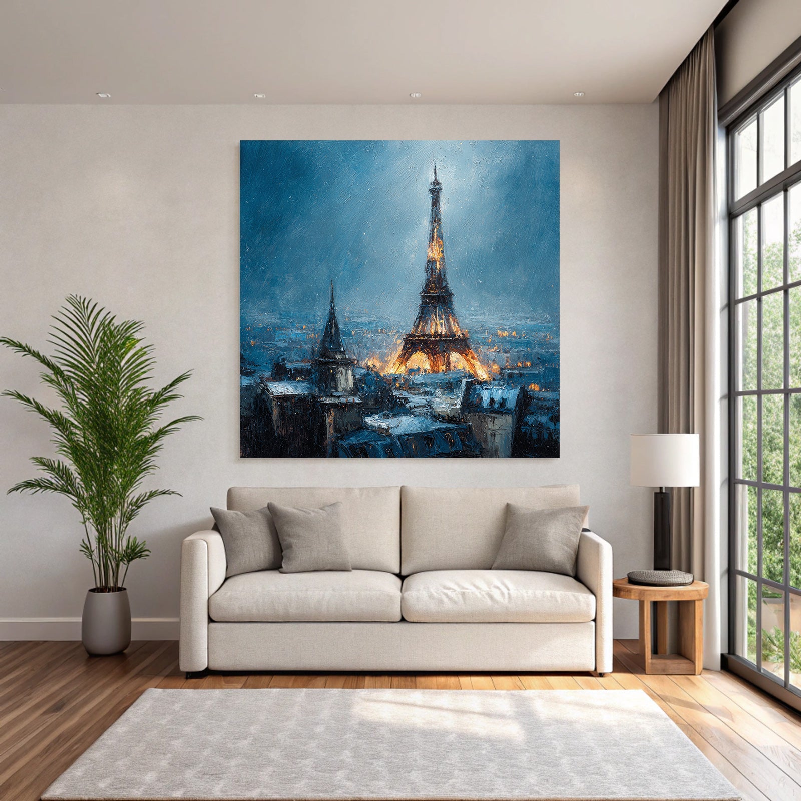 Night view of the Eiffel Tower in the blue sky