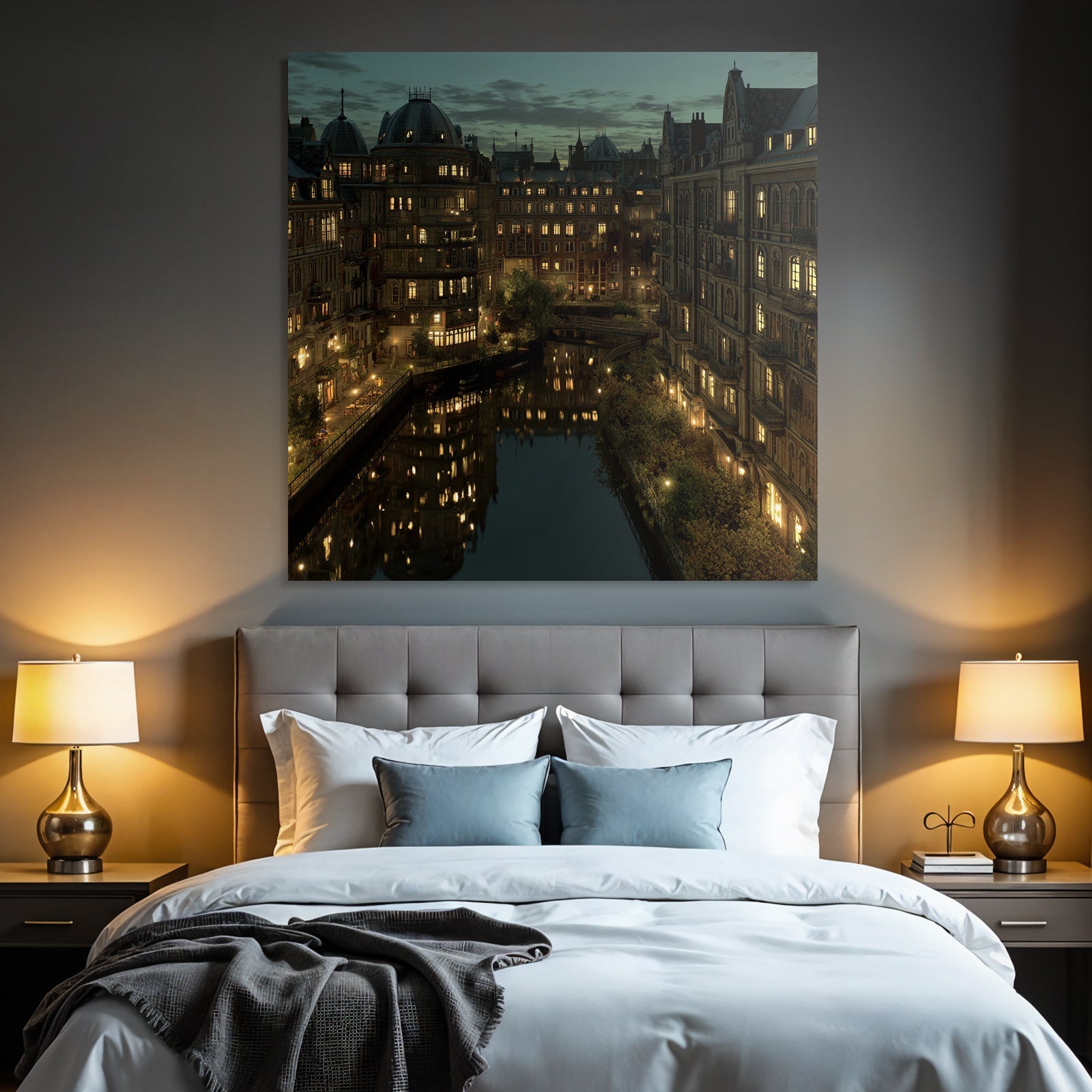 City view along the canals at night