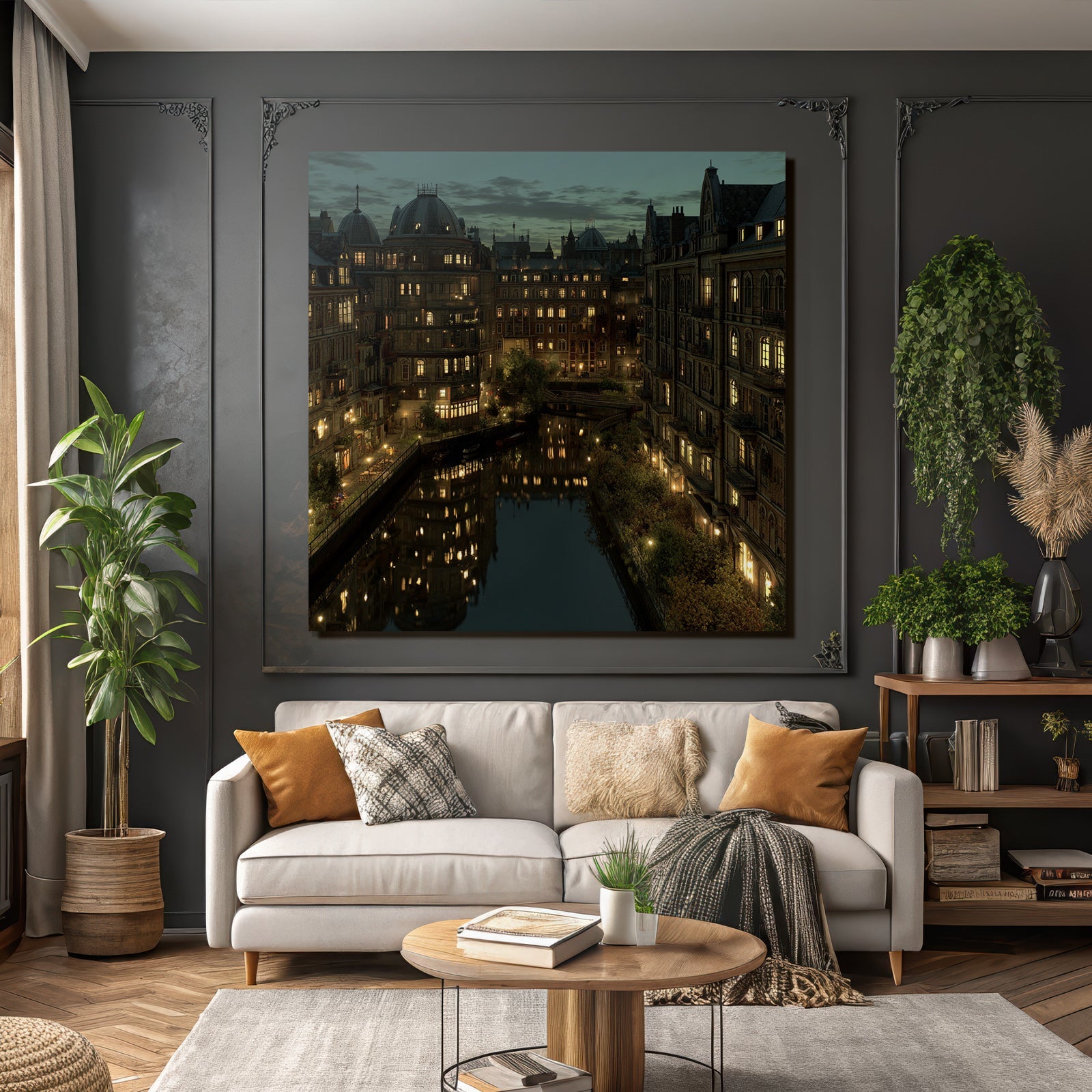 City view along the canals at night