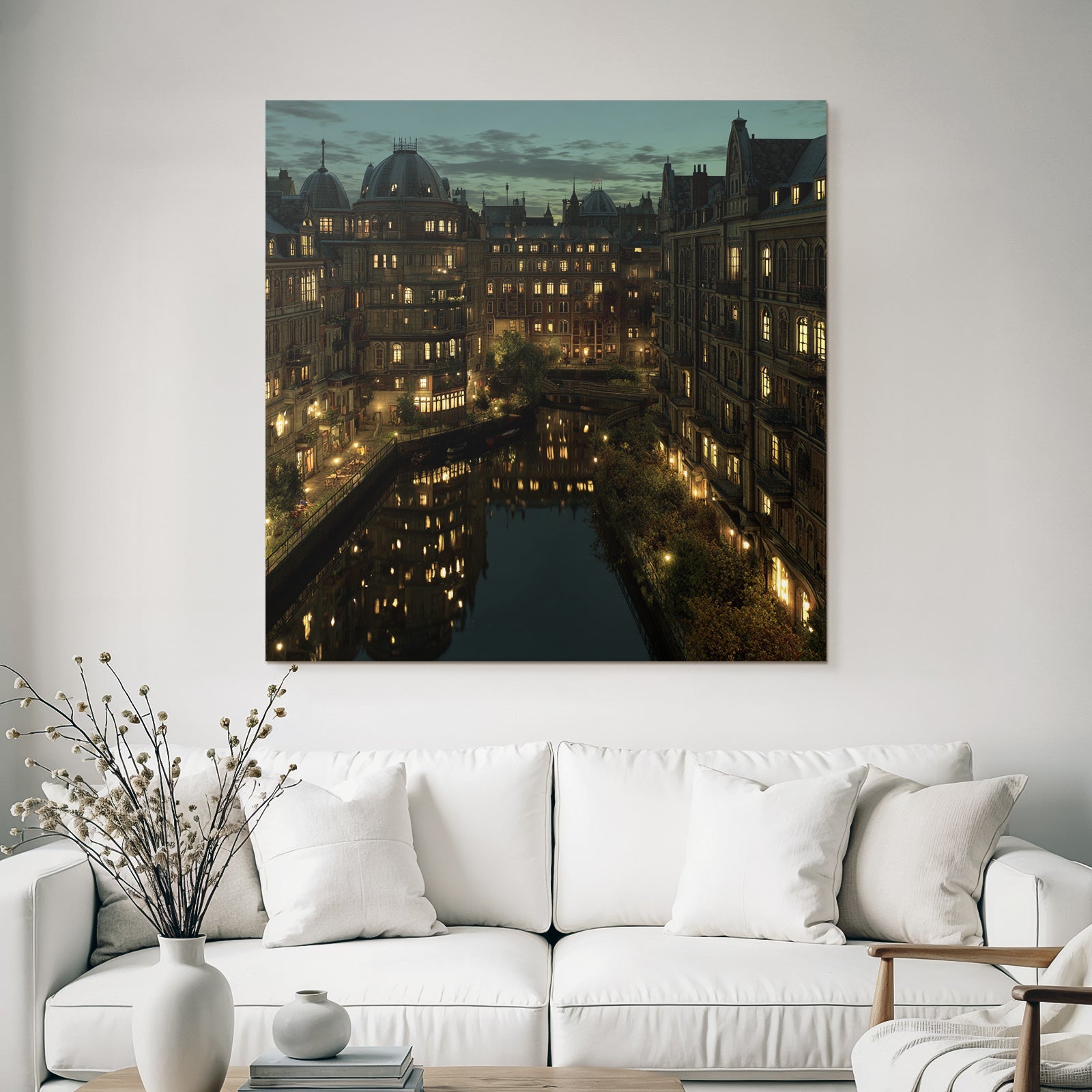 City view along the canals at night