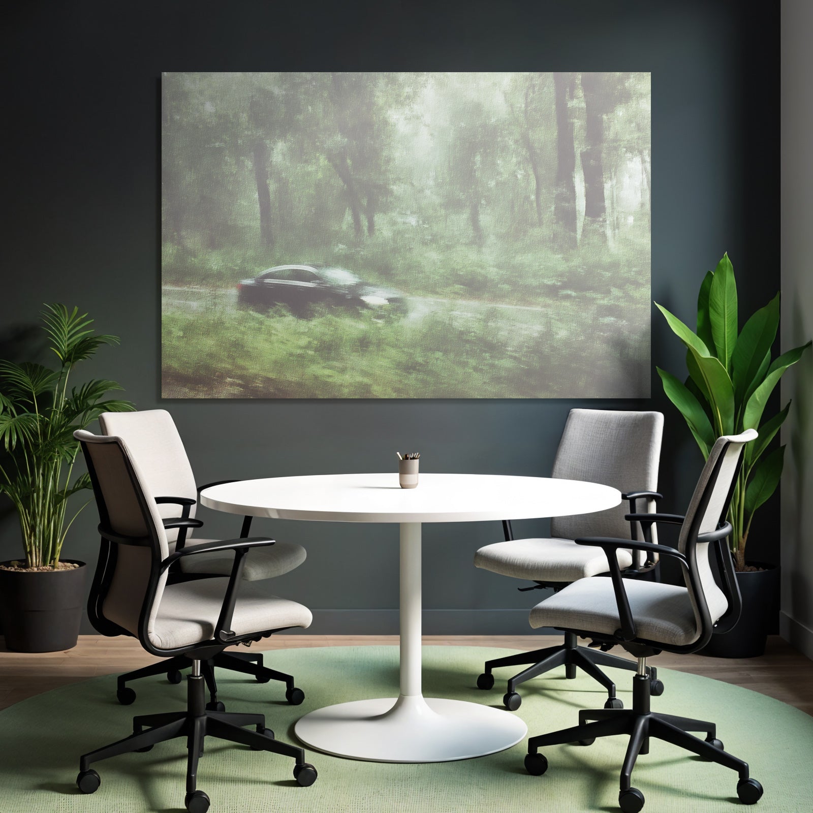 Schwarzes Auto Durch Nebligen Grünen Wald