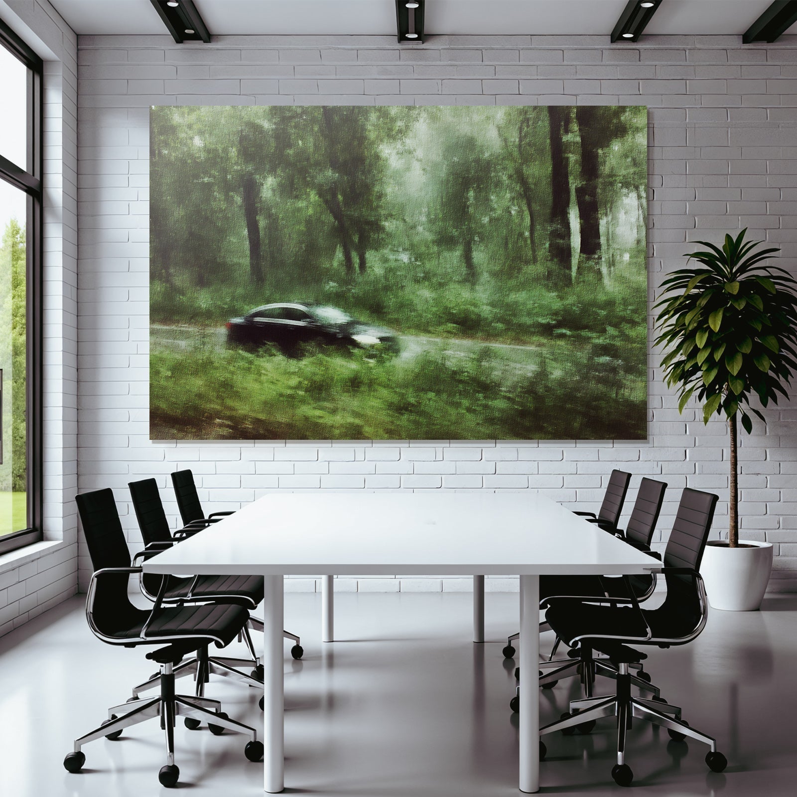 Schwarzes Auto Durch Nebligen Grünen Wald