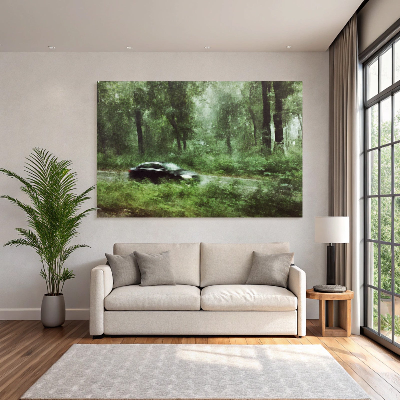 Schwarzes Auto Durch Nebligen Grünen Wald