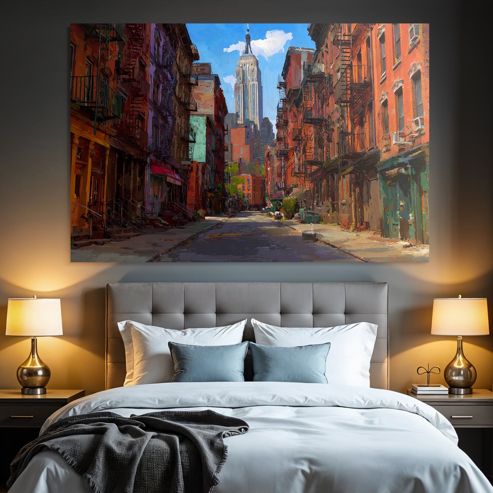 Cityscape with colorful buildings and a tall skyscraper