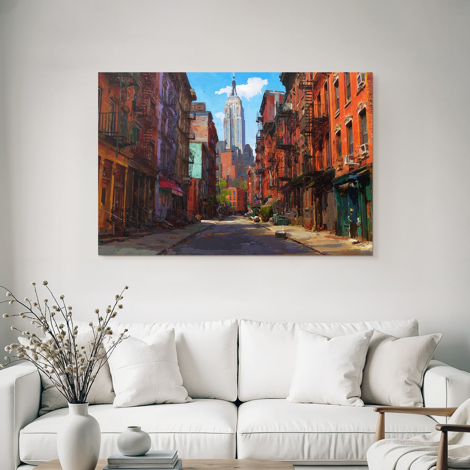 Cityscape with colorful buildings and a tall skyscraper