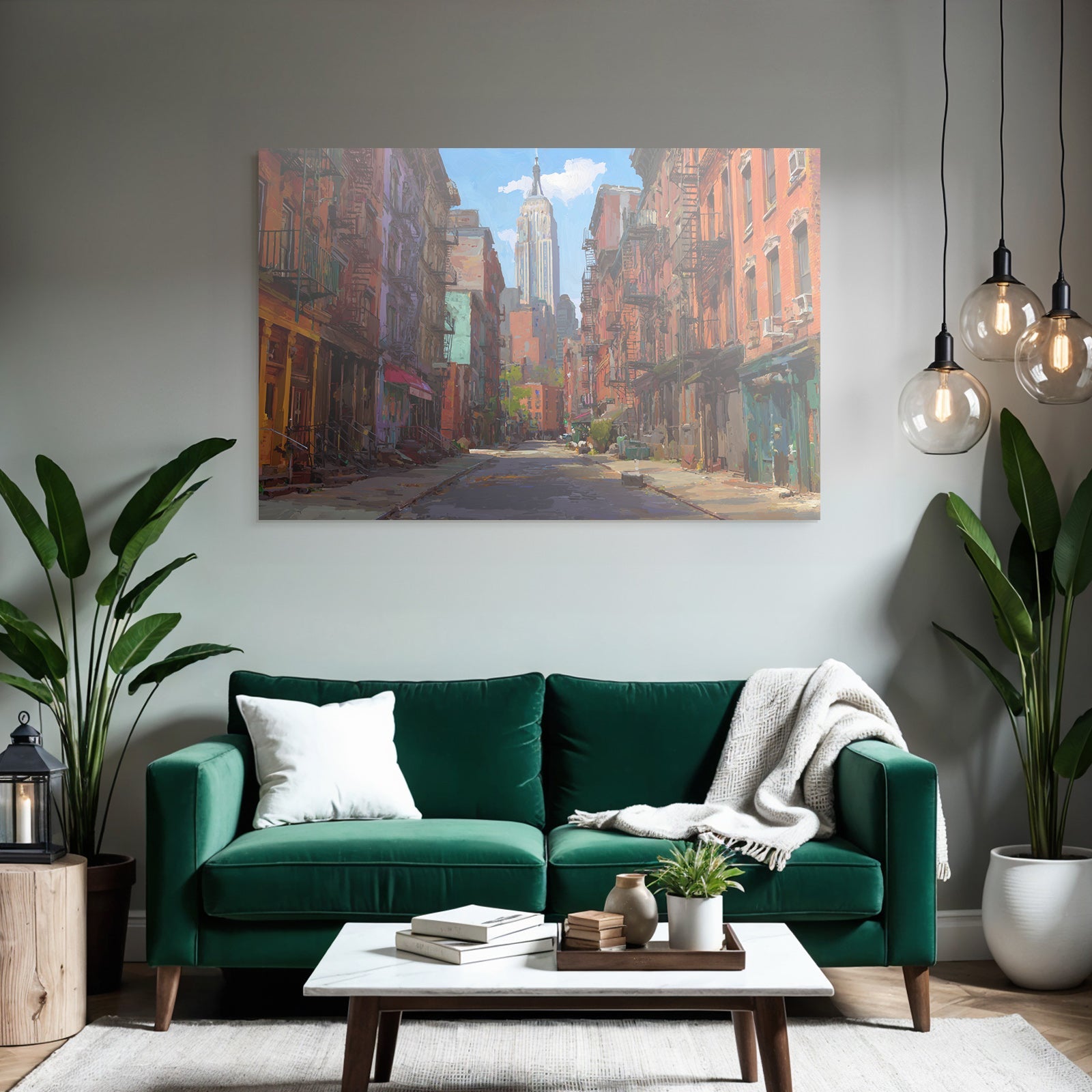Cityscape with colorful buildings and a tall skyscraper