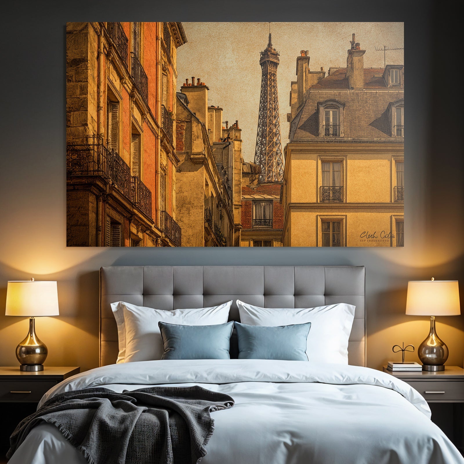 Cityscape with classic buildings and Eiffel Tower in retro style