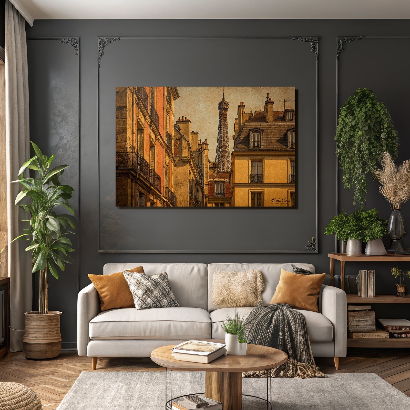 Cityscape with classic buildings and Eiffel Tower in retro style