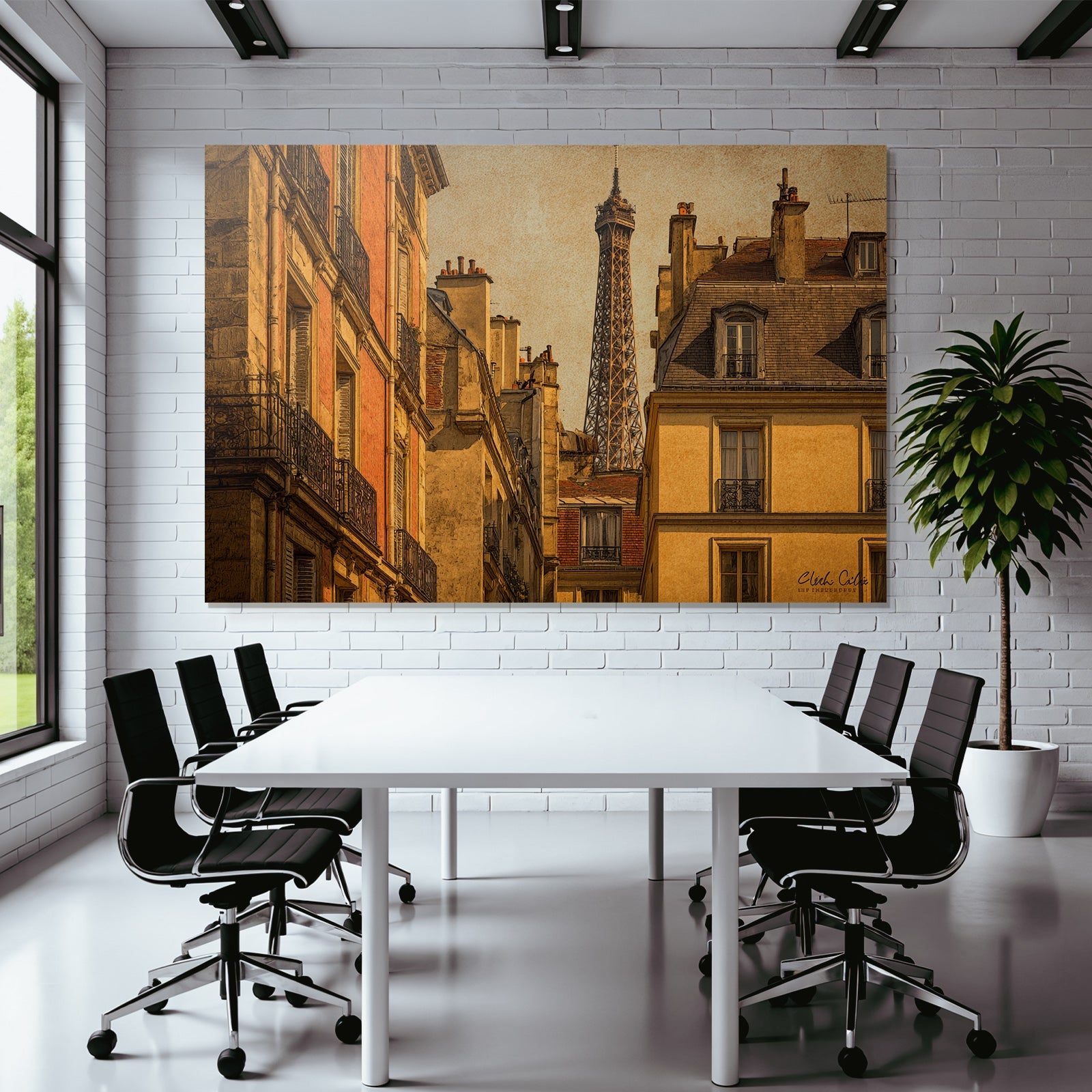 Cityscape with classic buildings and Eiffel Tower in retro style