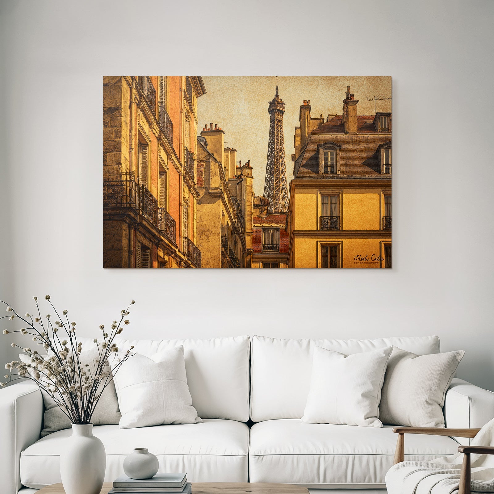 Cityscape with classic buildings and Eiffel Tower in retro style