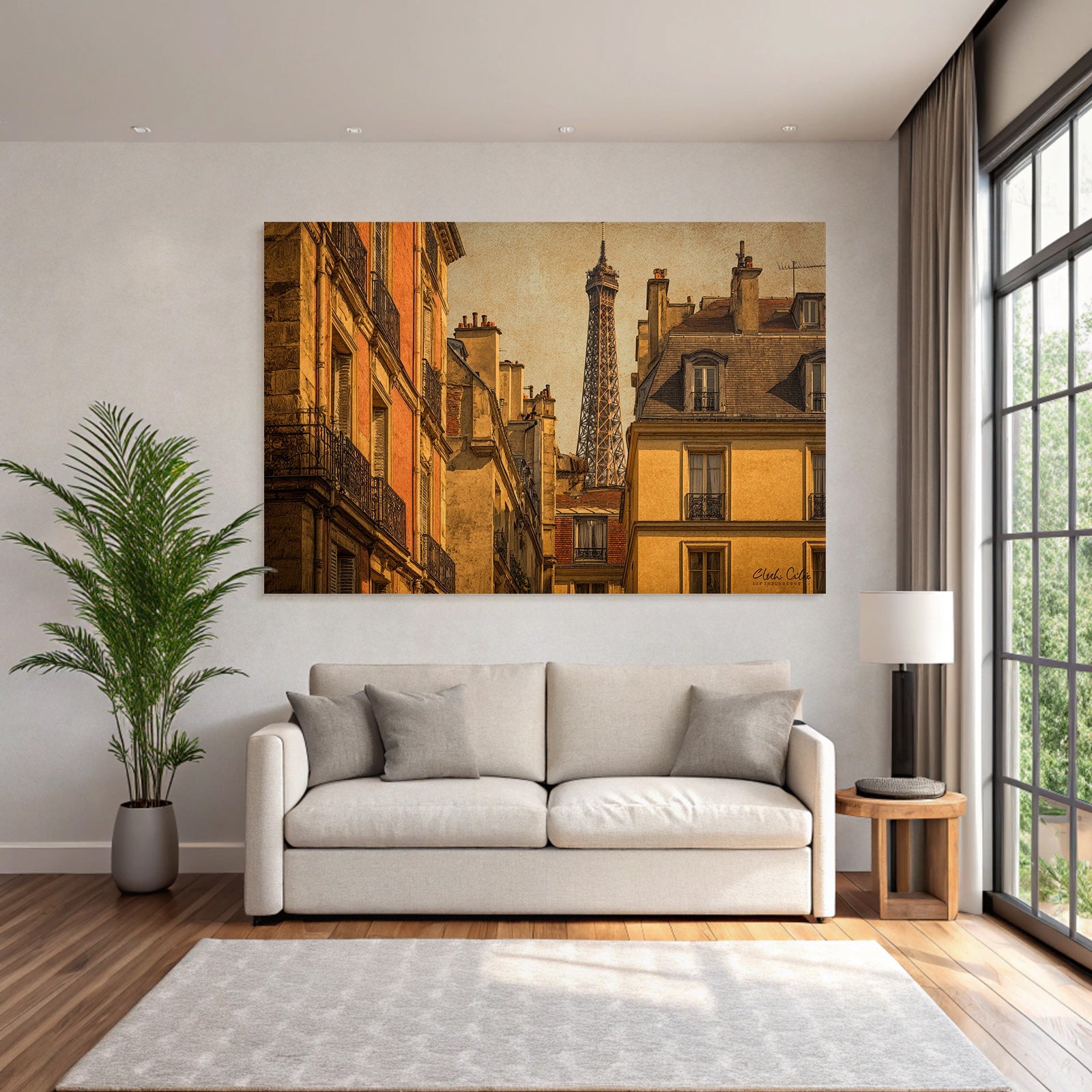 Cityscape with classic buildings and Eiffel Tower in retro style