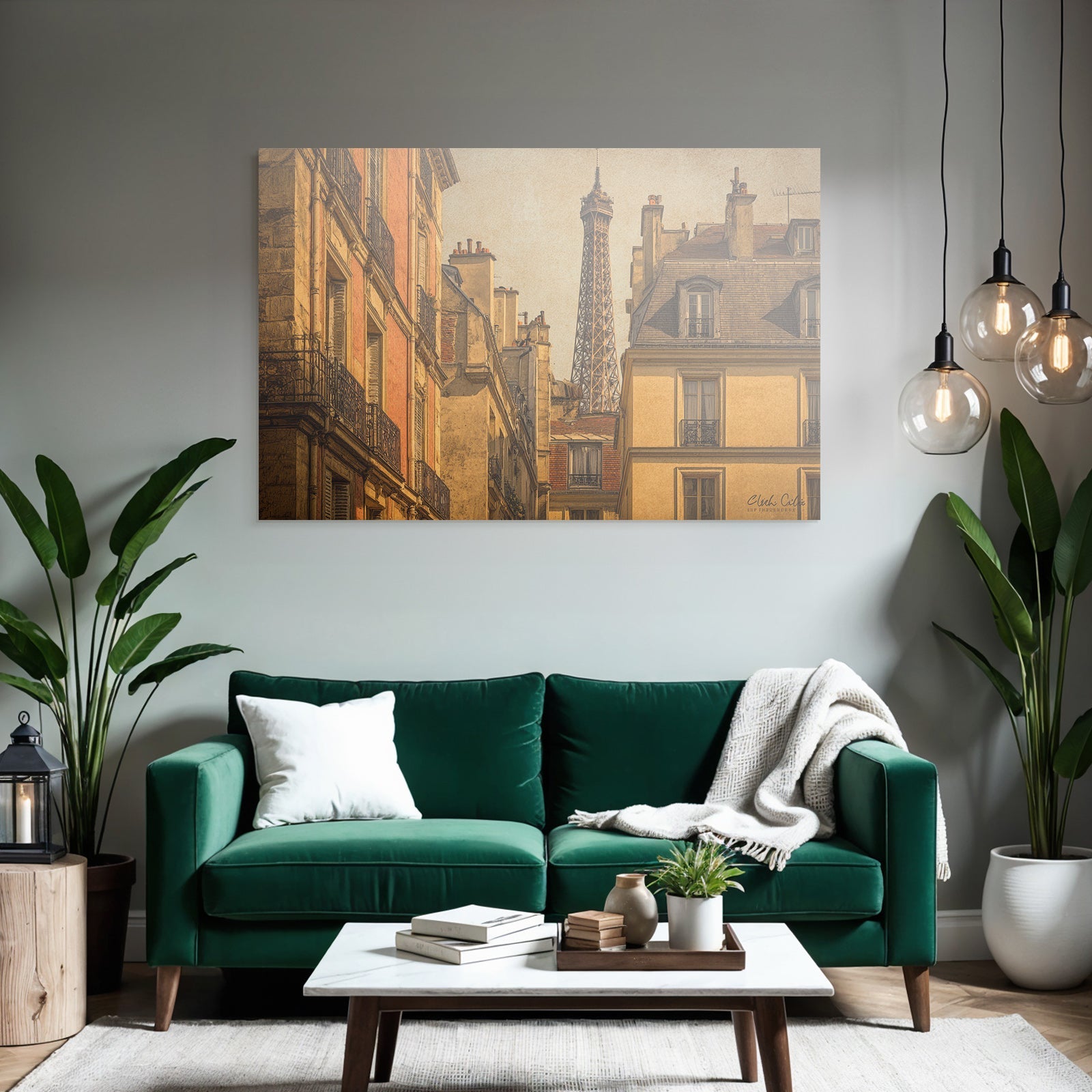 Cityscape with classic buildings and Eiffel Tower in retro style