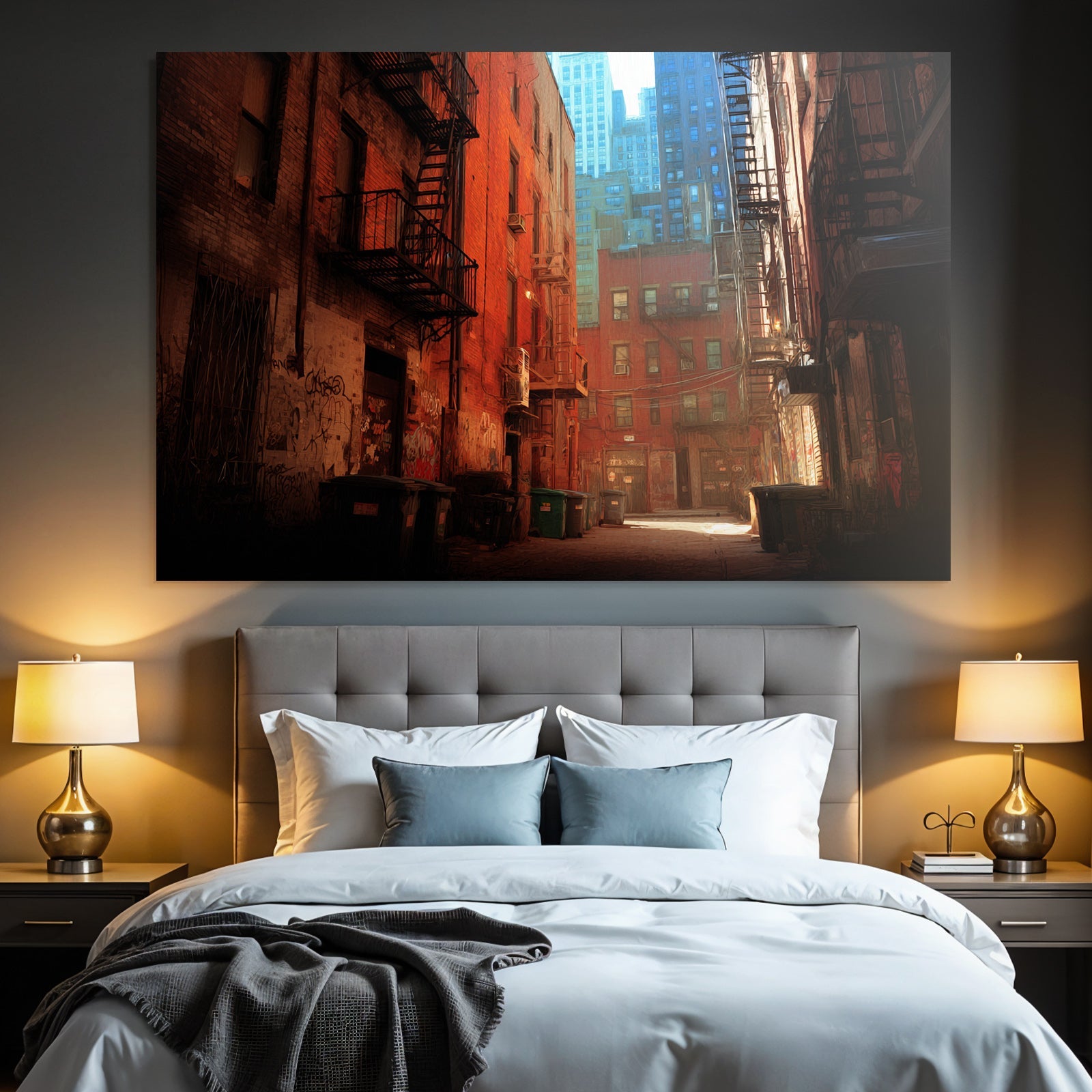 City street with brick buildings, fire escapes, graffiti, and green trash cans