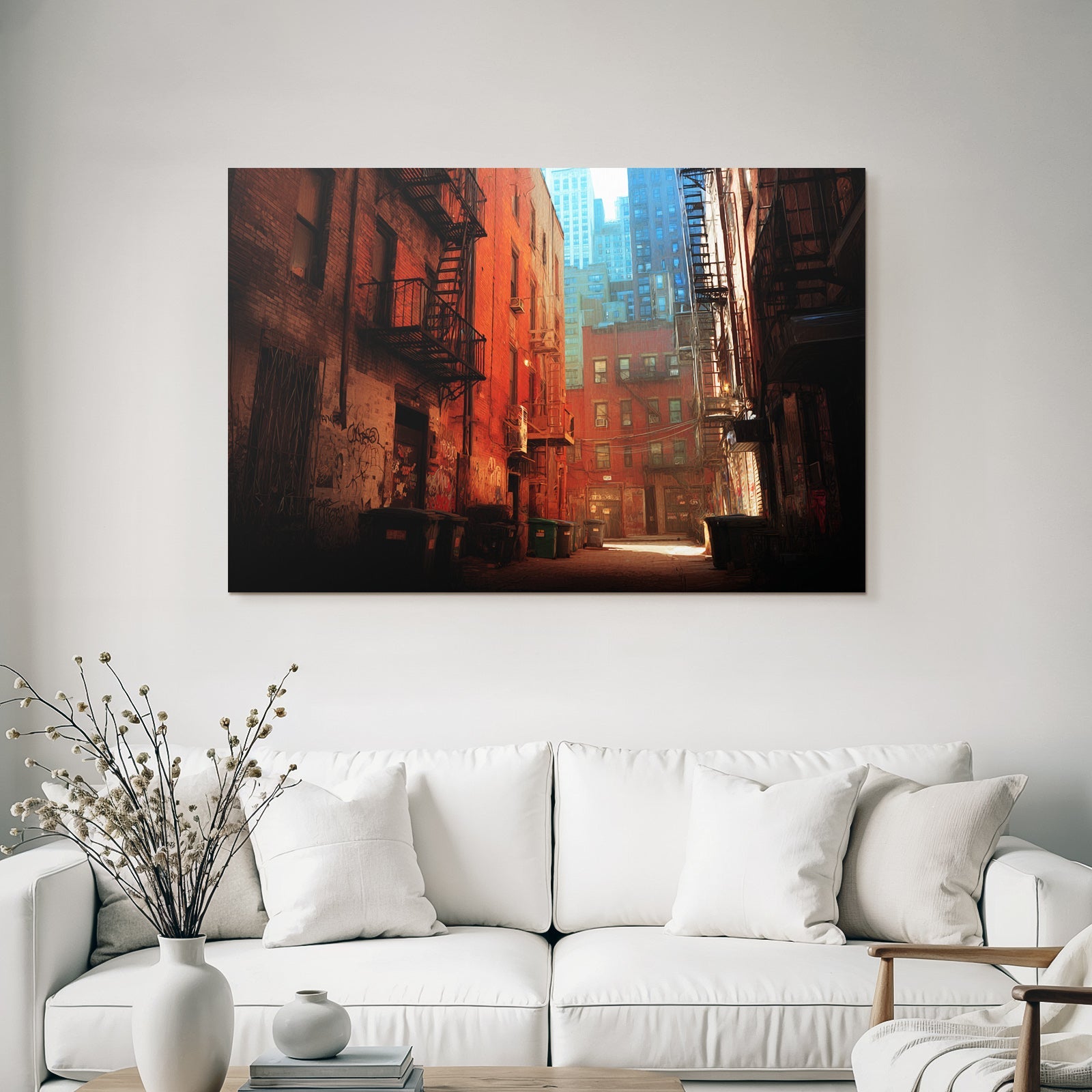 City street with brick buildings, fire escapes, graffiti, and green trash cans