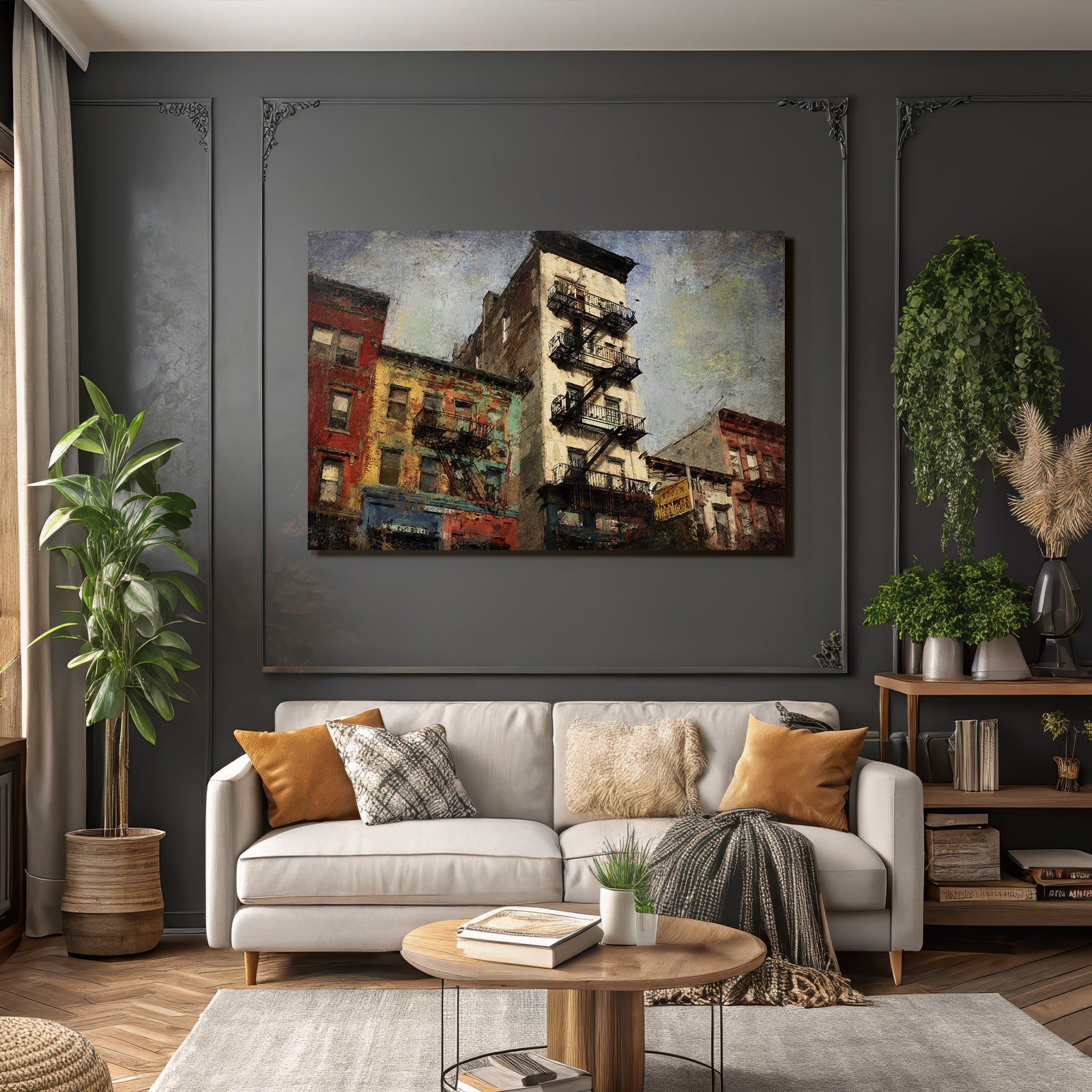 City scene with stairwell fire escape and colorful houses