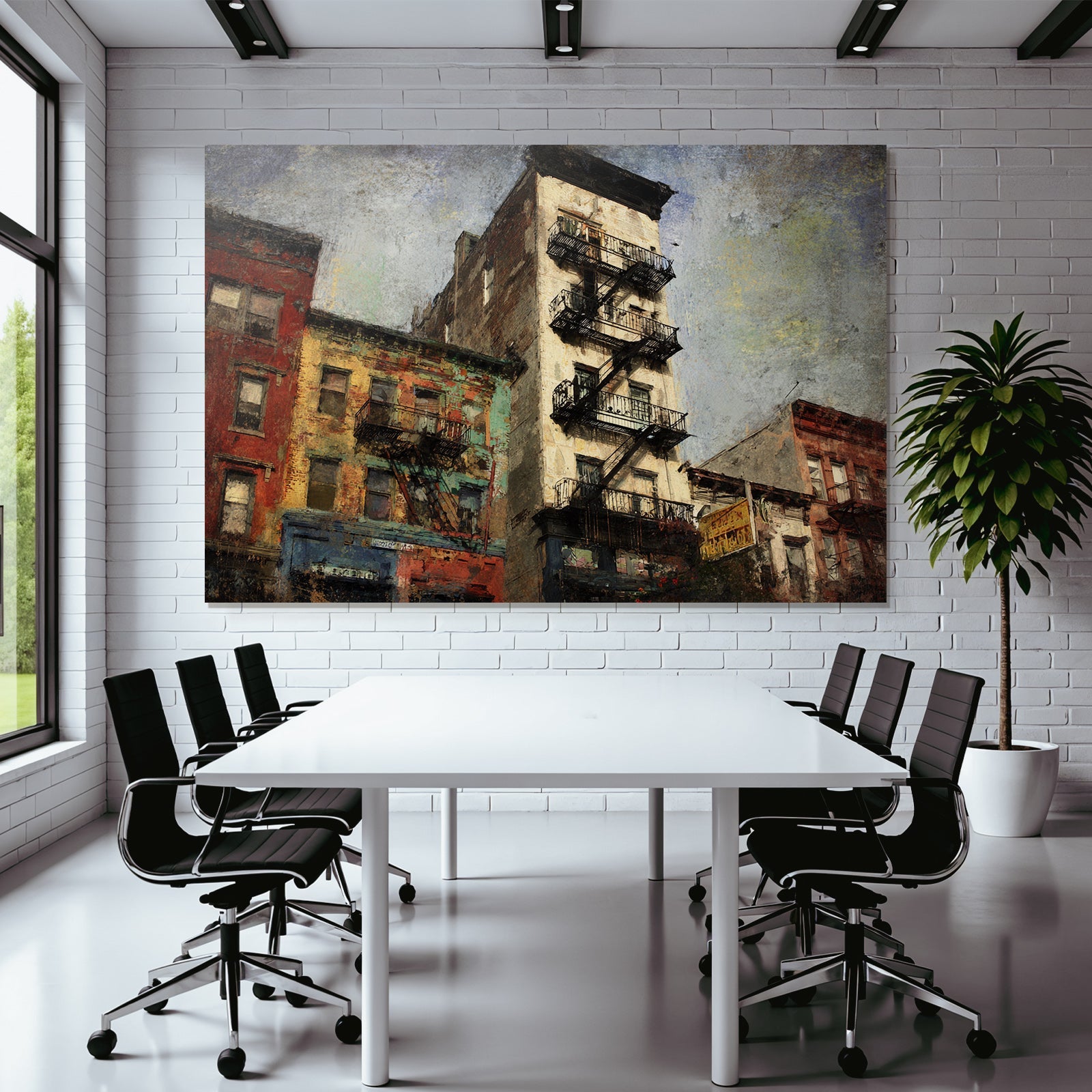 City scene with stairwell fire escape and colorful houses
