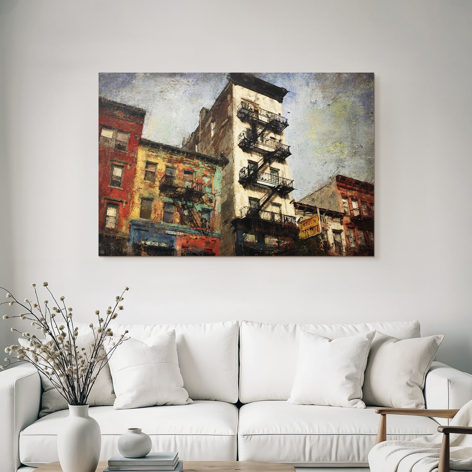 City scene with stairwell fire escape and colorful houses