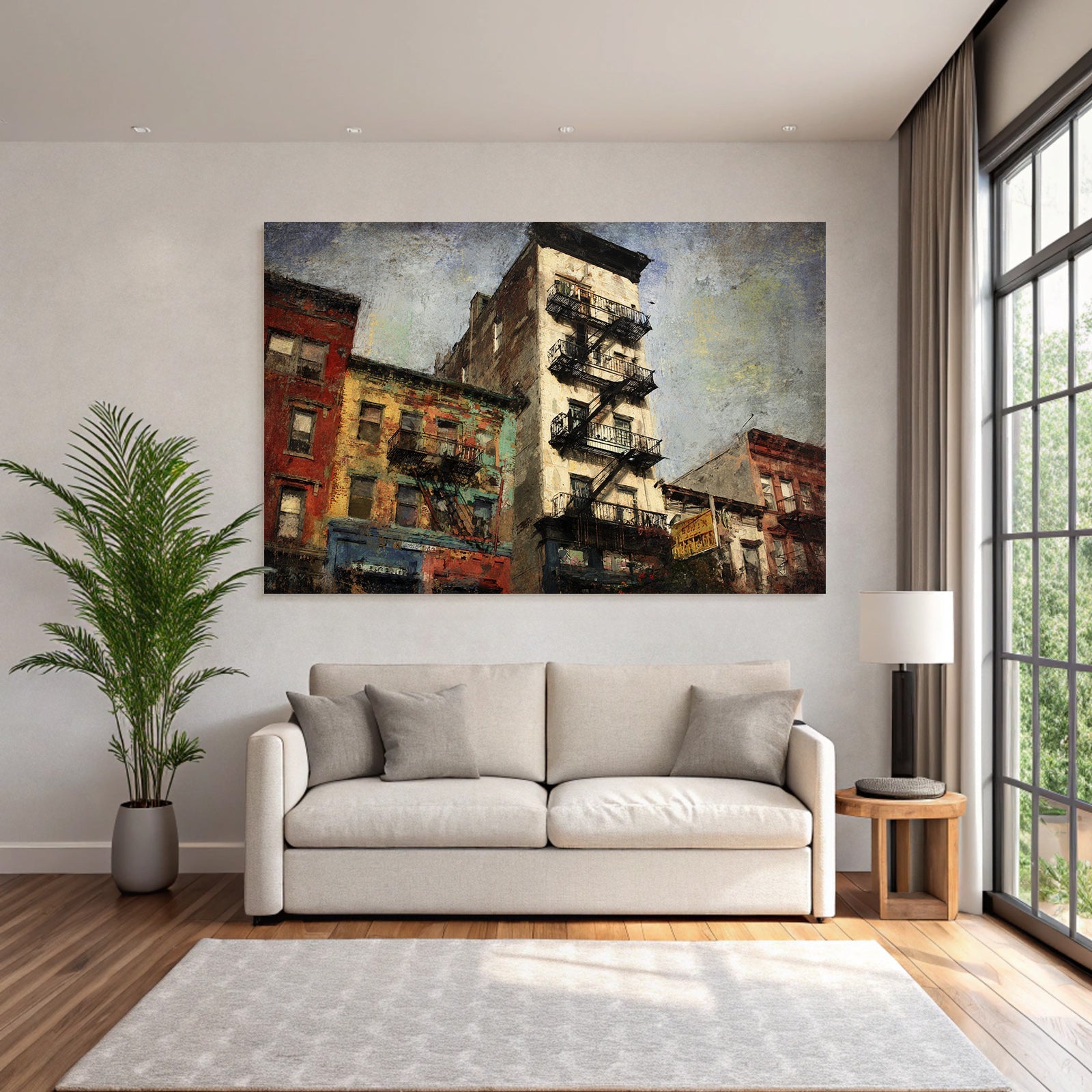 City scene with stairwell fire escape and colorful houses