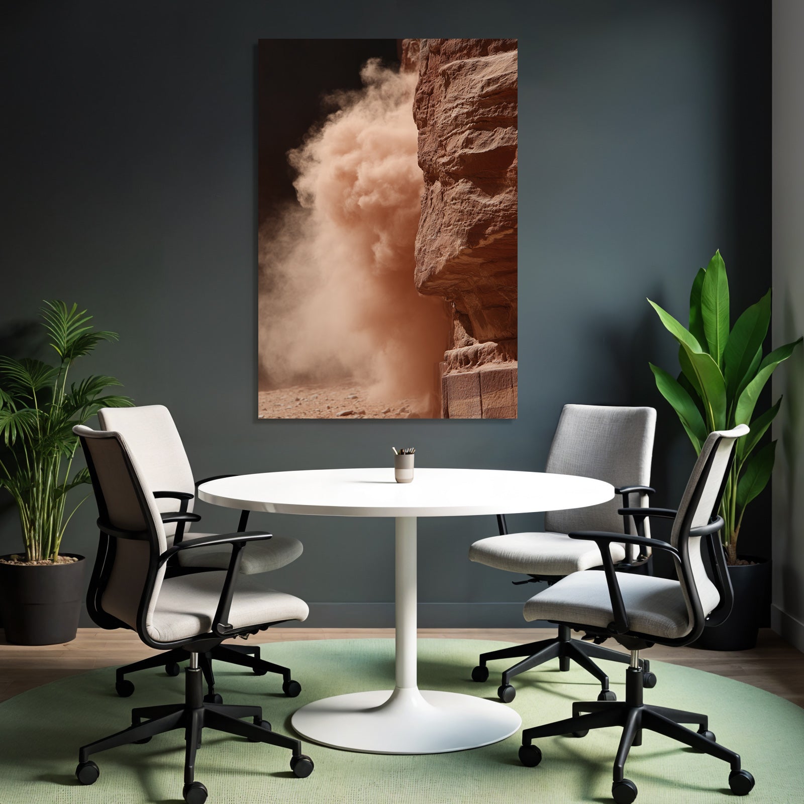 Dust cloud in desert next to rock formation