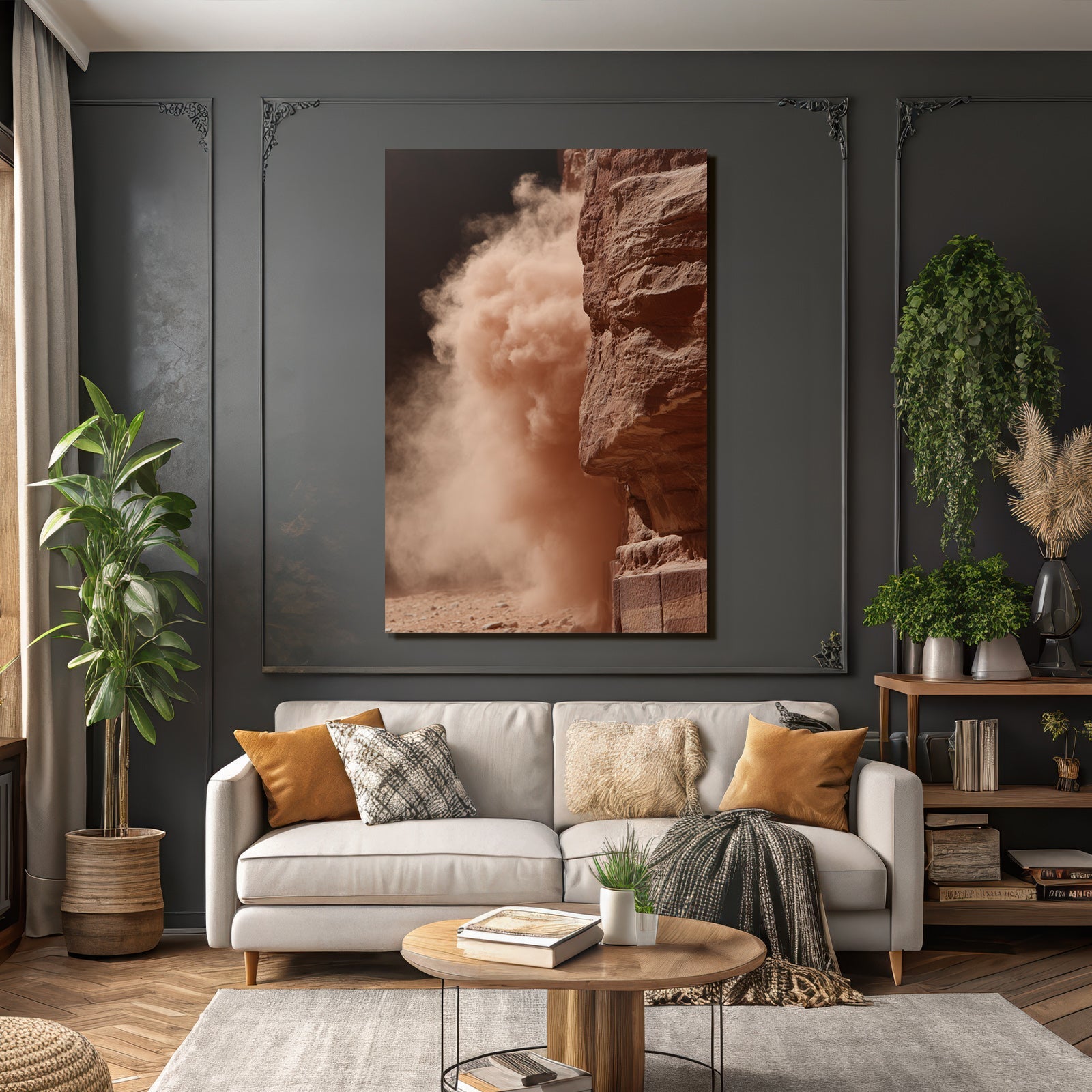 Dust cloud in desert next to rock formation
