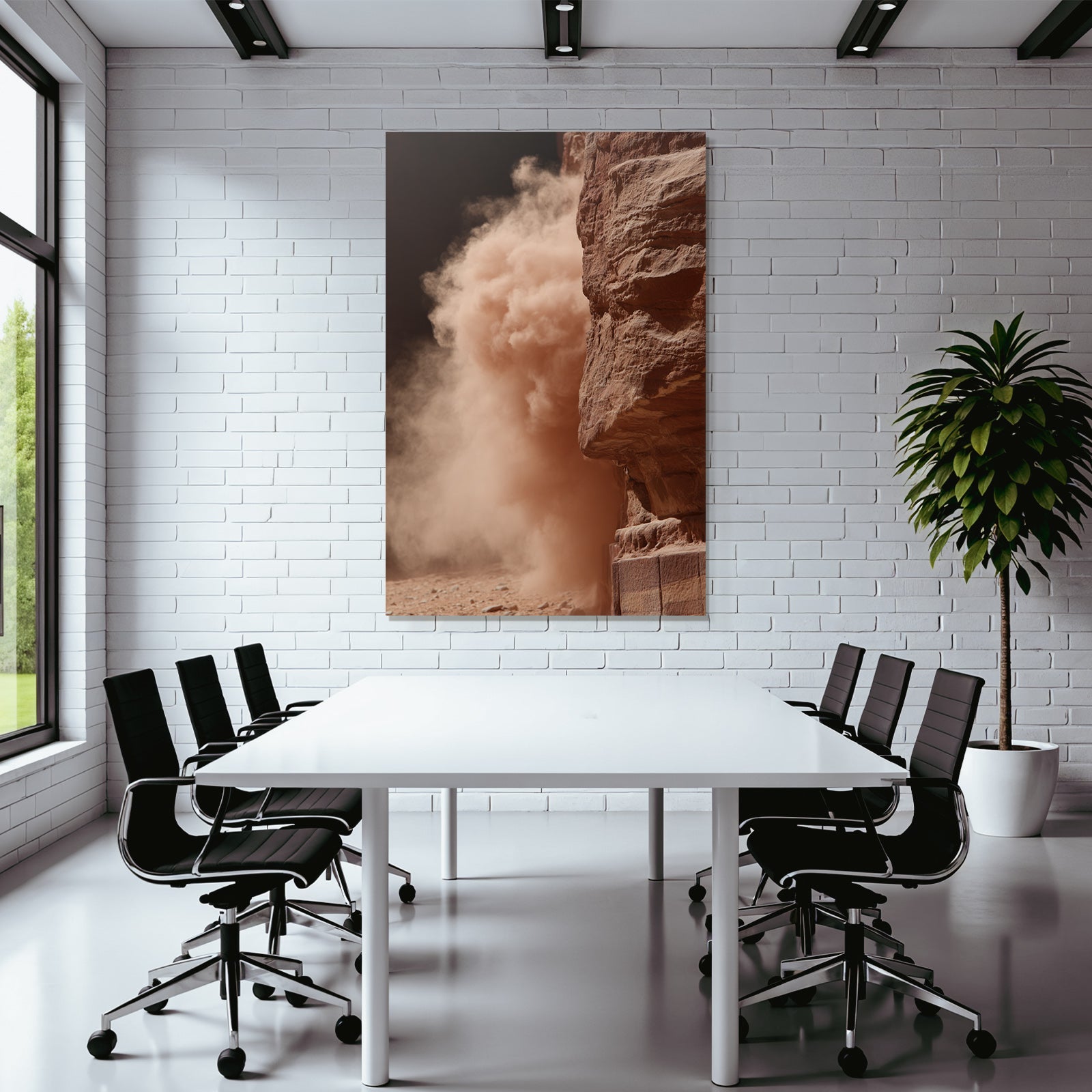 Dust cloud in desert next to rock formation