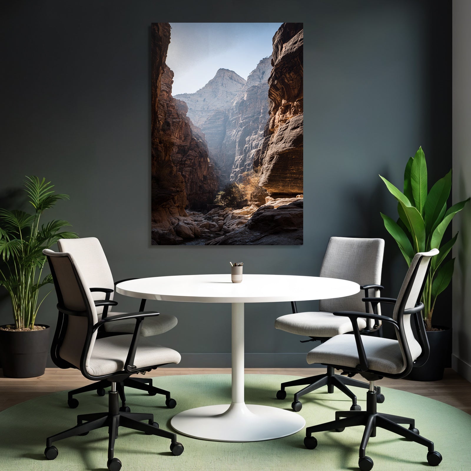 Steep rock walls in a gorge with sunlight