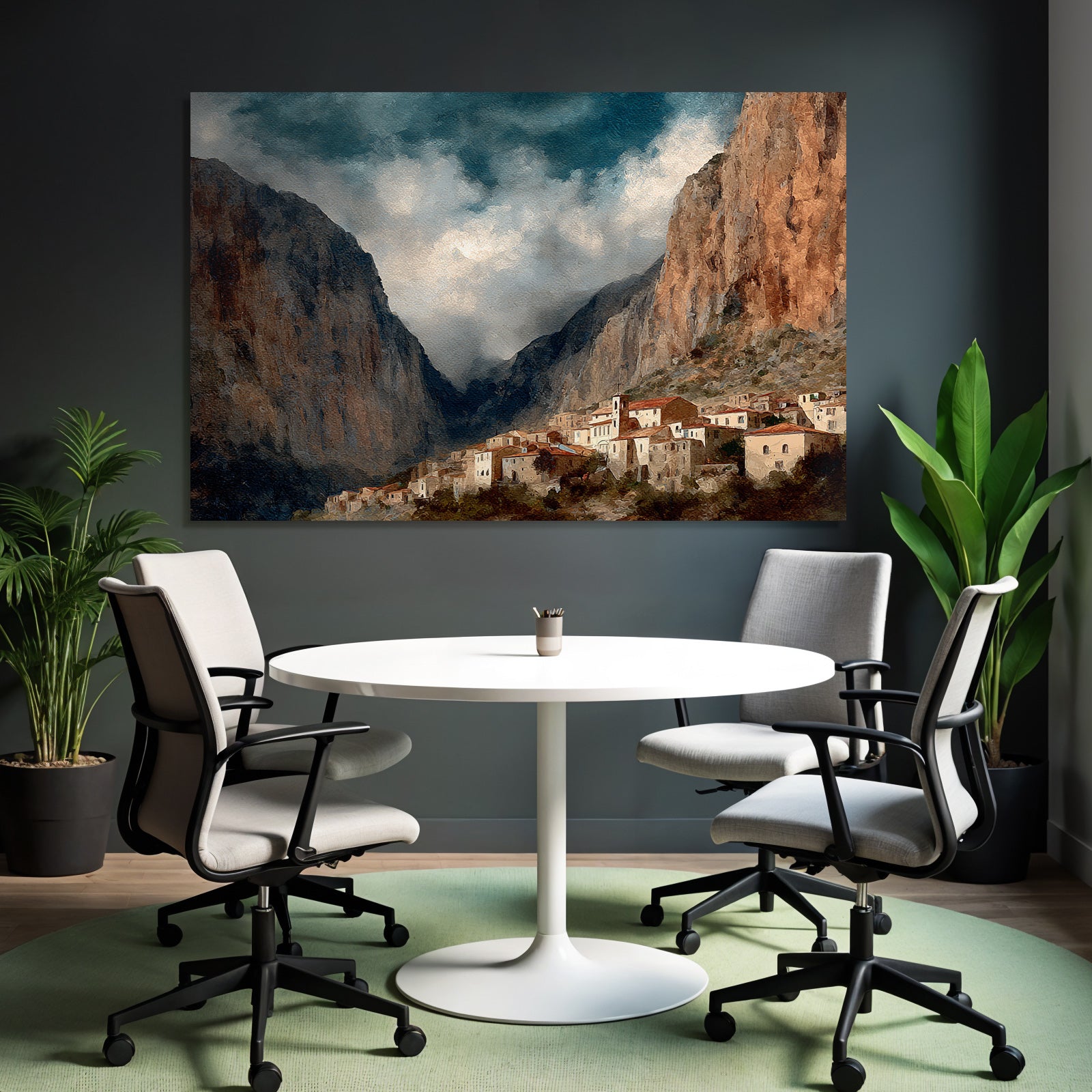 Picturesque mountain landscape with village at the foot of the steep cliffs