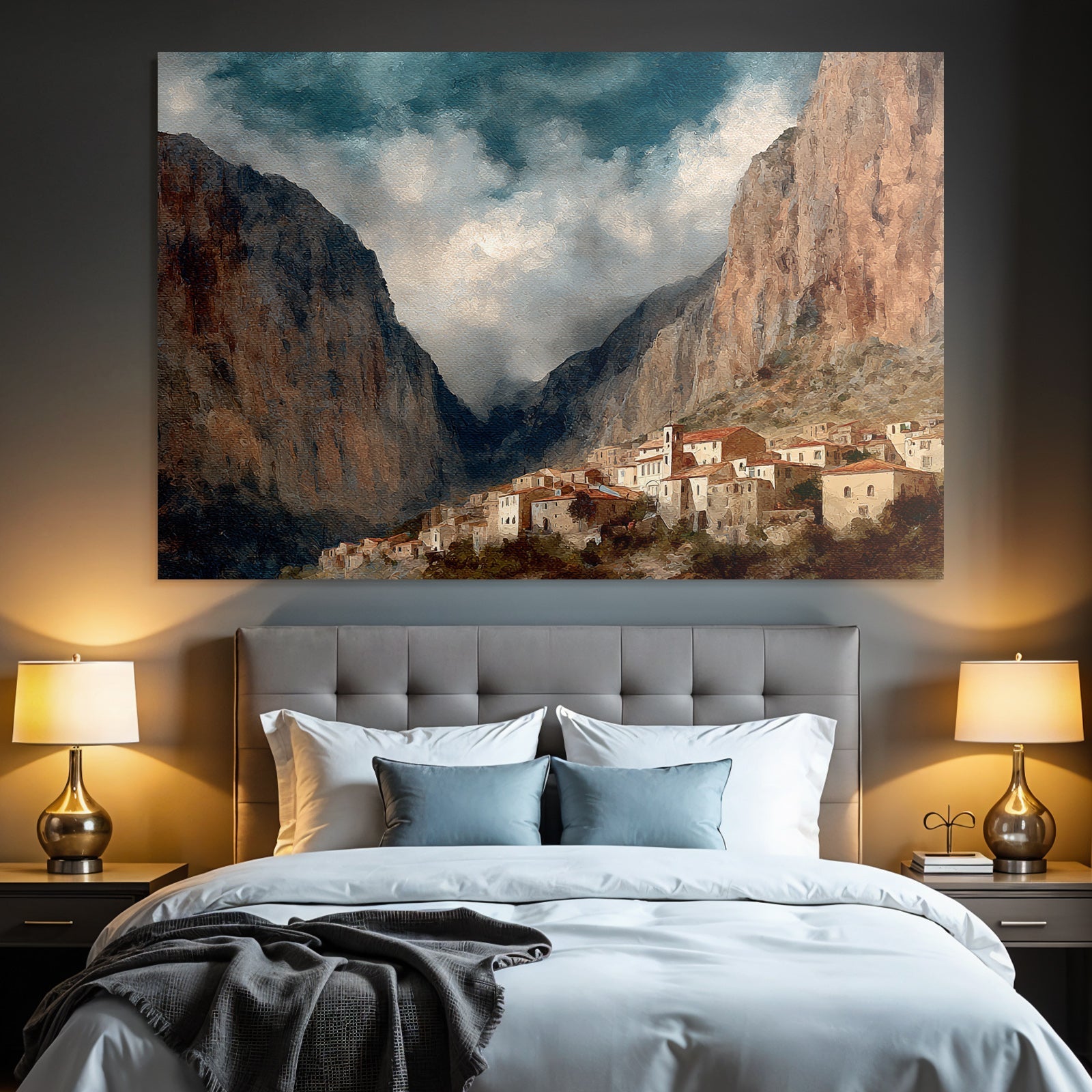 Picturesque mountain landscape with village at the foot of the steep cliffs