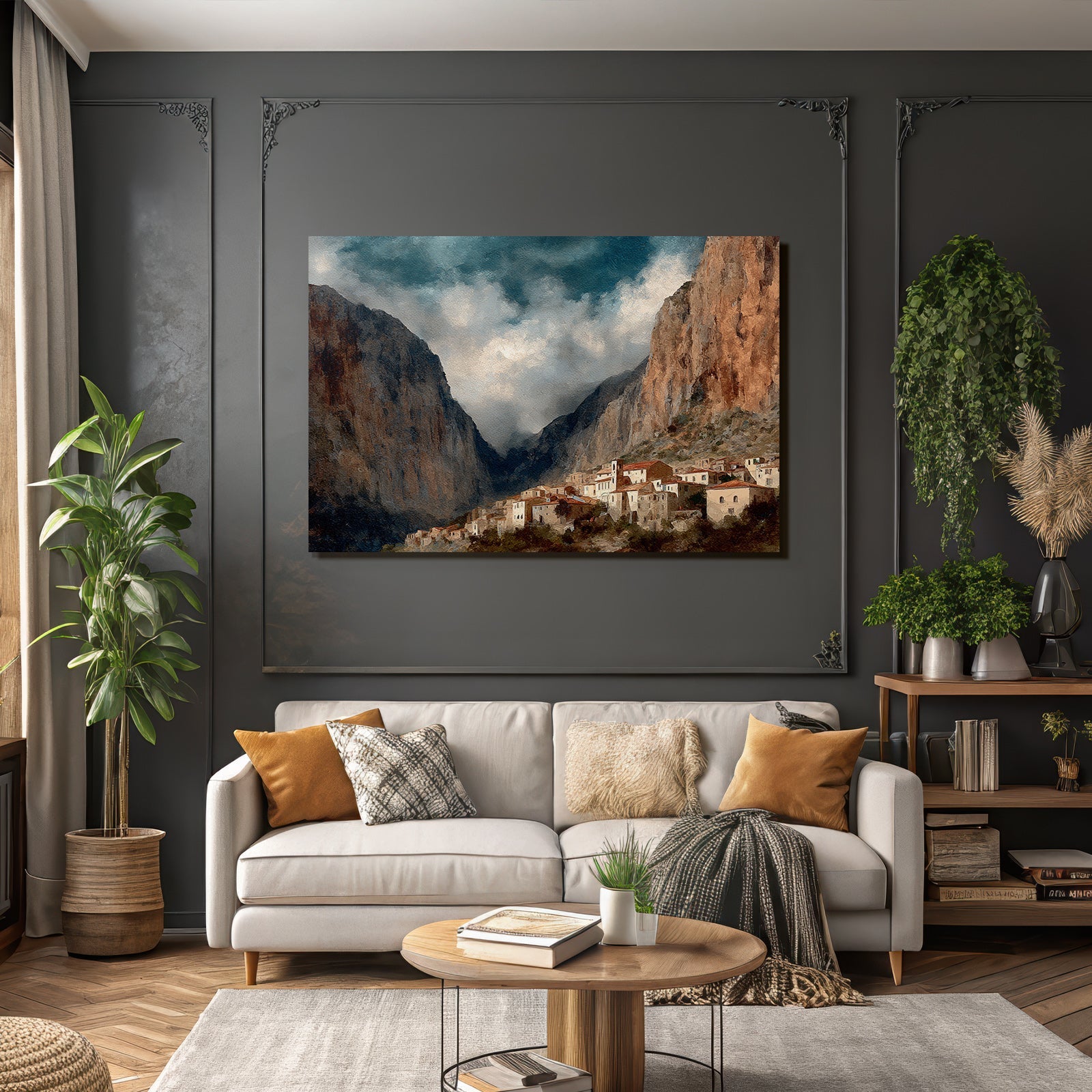 Picturesque mountain landscape with village at the foot of the steep cliffs