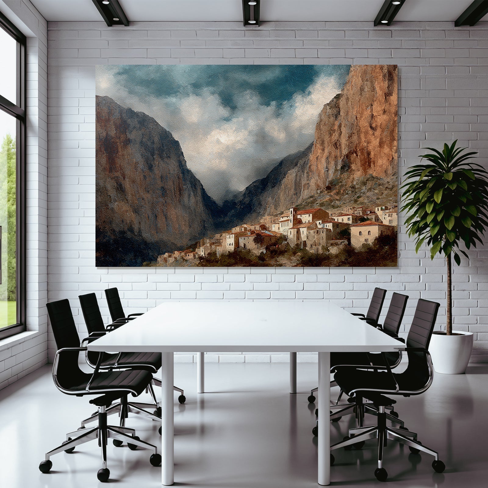 Picturesque mountain landscape with village at the foot of the steep cliffs