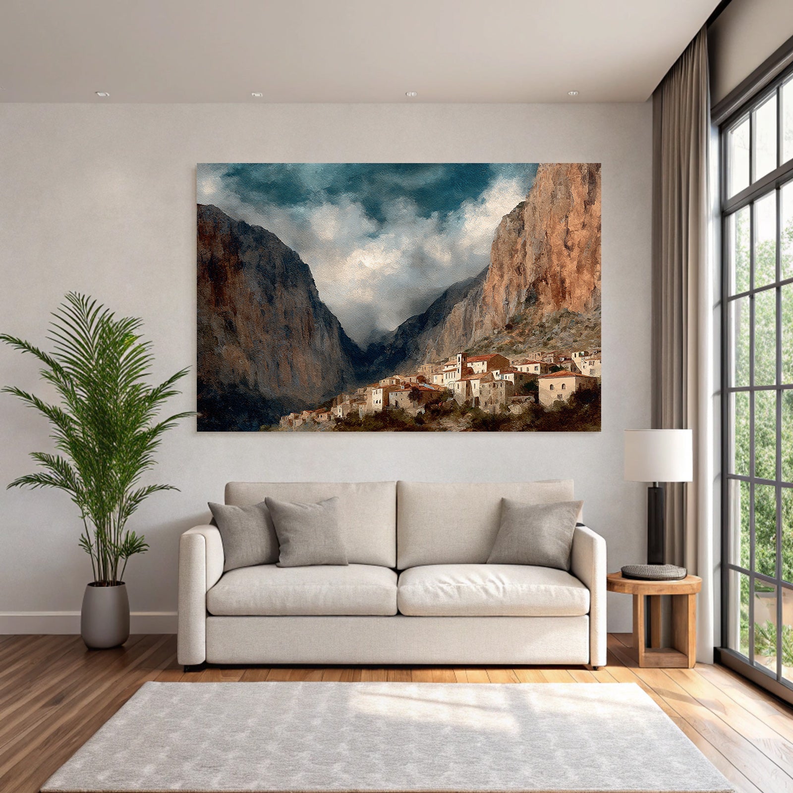 Picturesque mountain landscape with village at the foot of the steep cliffs