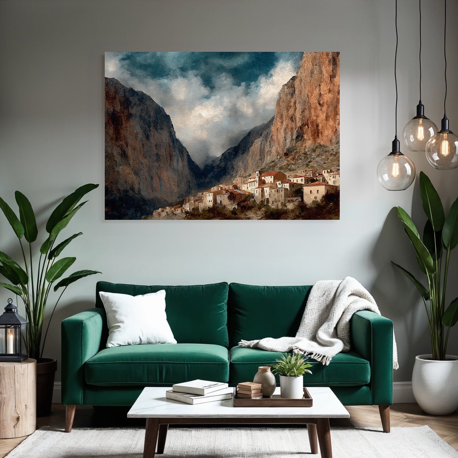 Picturesque mountain landscape with village at the foot of the steep cliffs