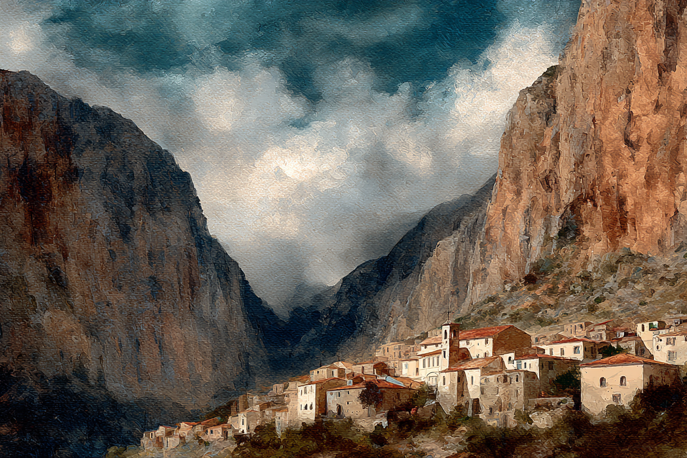 Malerische Gebirgslandschaft Mit Dorf Am Fuss Der Steilen Klippen | UNESCO Weltkulturerbe | Laender und Reisen