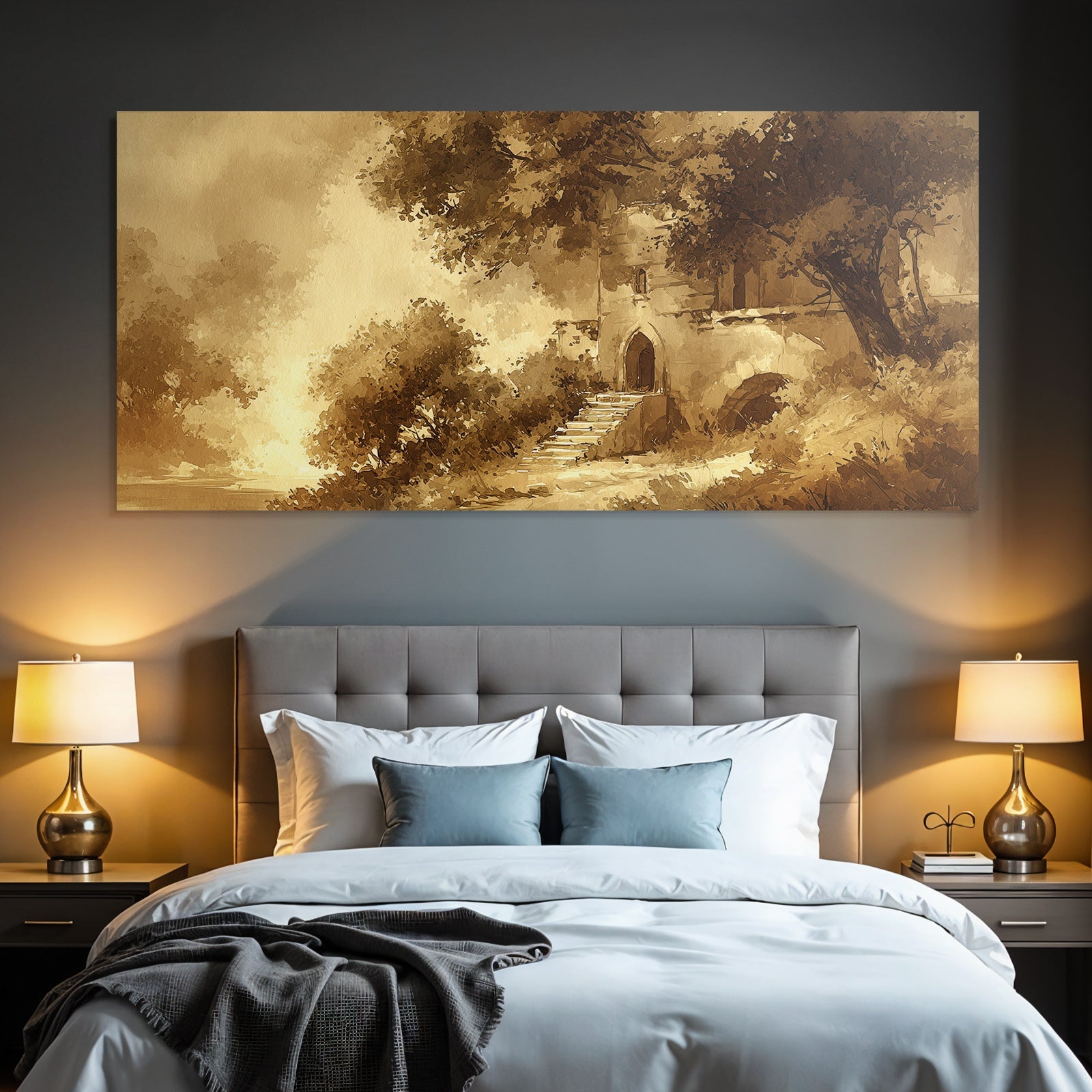 Sepia Landschaft Mit Gebäude Und Treppen Und Bäumen