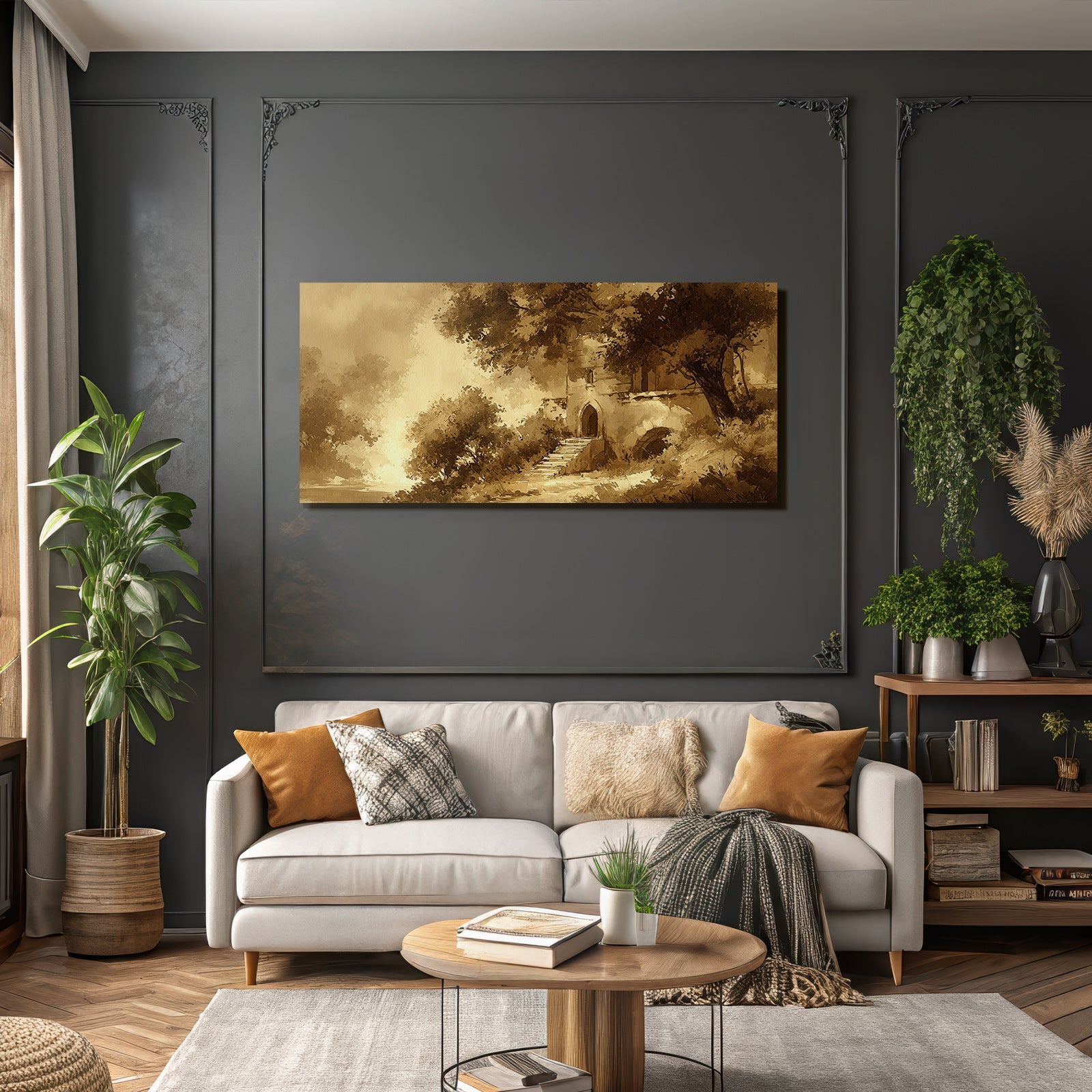 Sepia Landschaft Mit Gebäude Und Treppen Und Bäumen