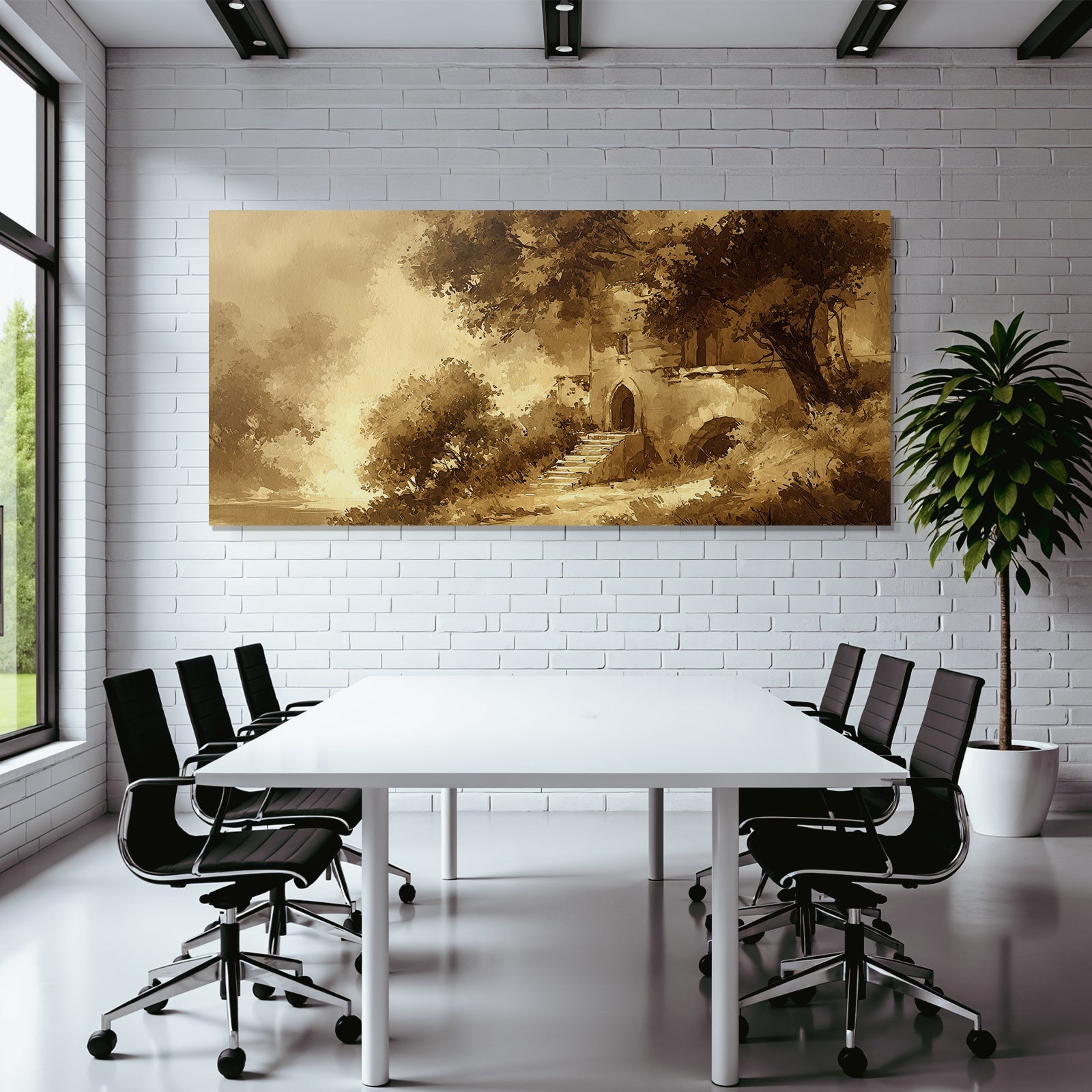 Sepia Landschaft Mit Gebäude Und Treppen Und Bäumen