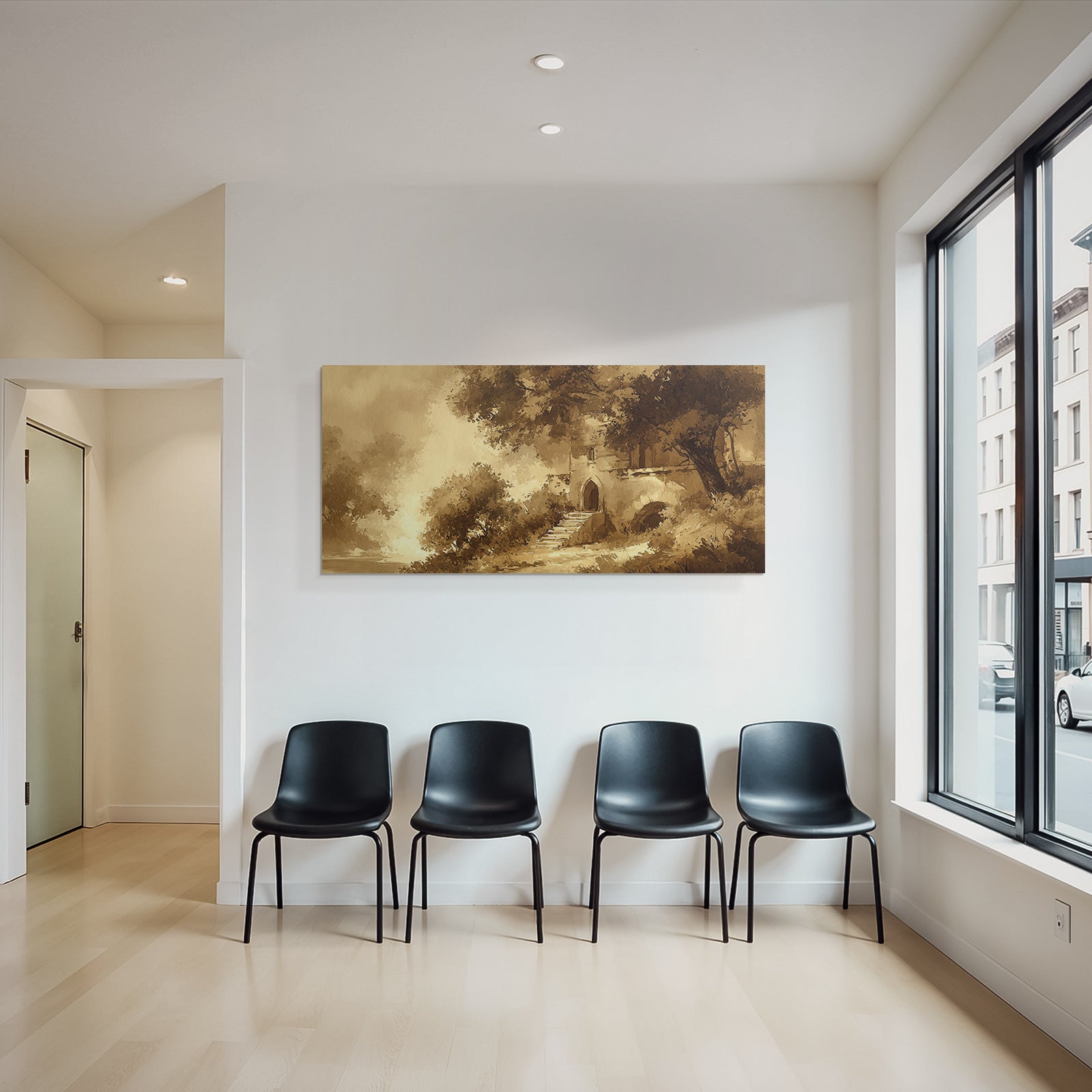 Sepia Landschaft Mit Gebäude Und Treppen Und Bäumen