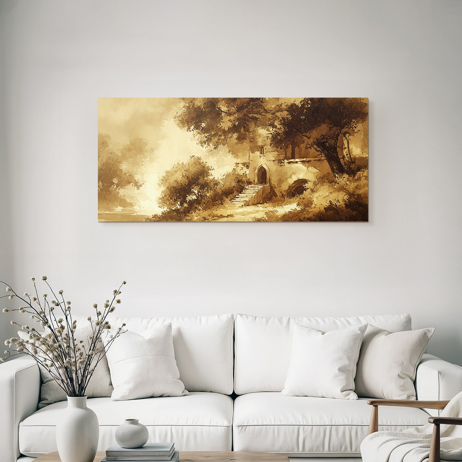 Sepia Landschaft Mit Gebäude Und Treppen Und Bäumen