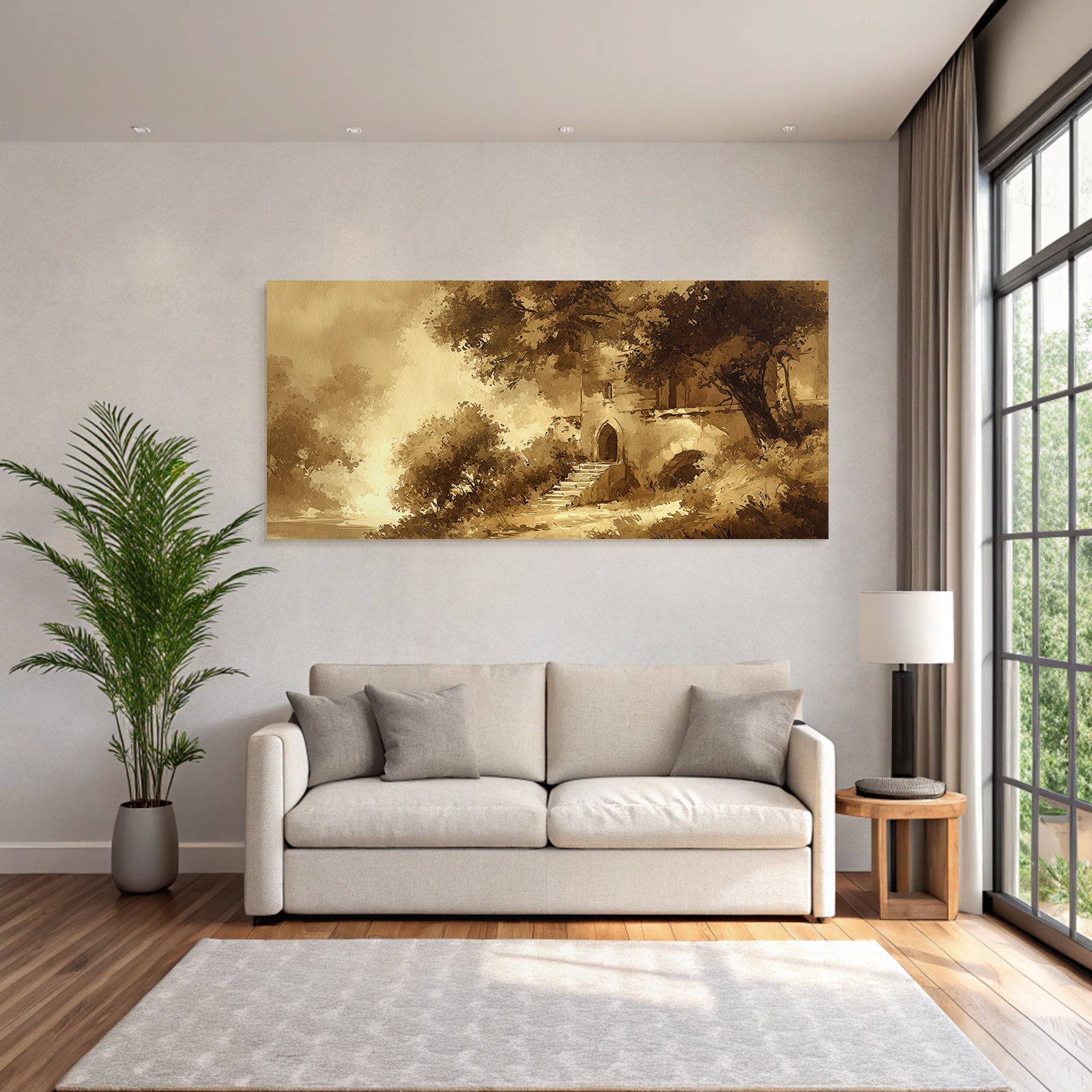 Sepia Landschaft Mit Gebäude Und Treppen Und Bäumen