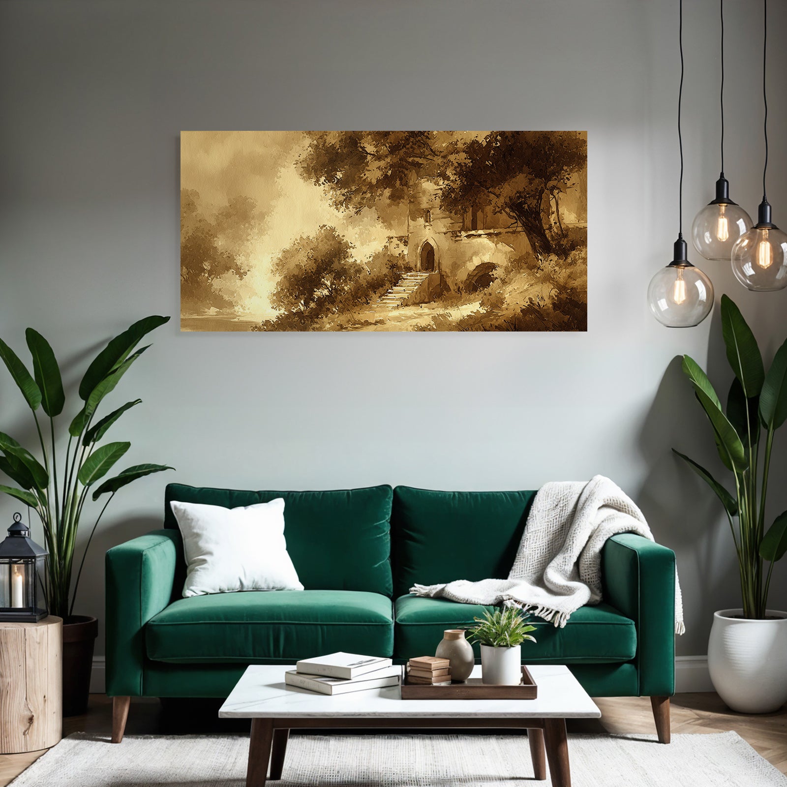 Sepia Landschaft Mit Gebäude Und Treppen Und Bäumen