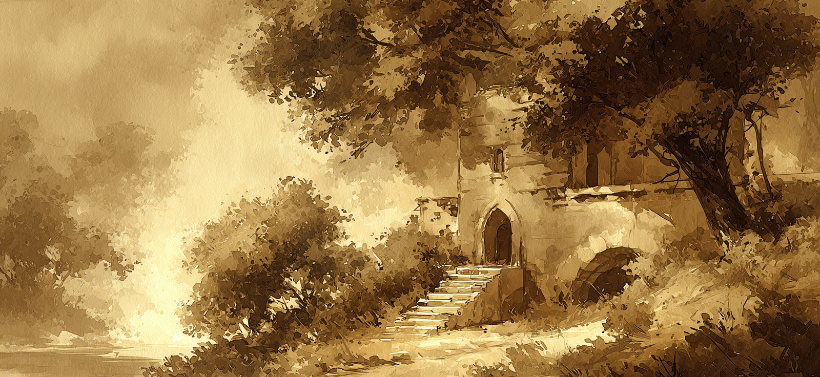 Sepia Landschaft Mit Gebäude Und Treppen Und Bäumen | UNESCO Weltkulturerbe | Laender und Reisen